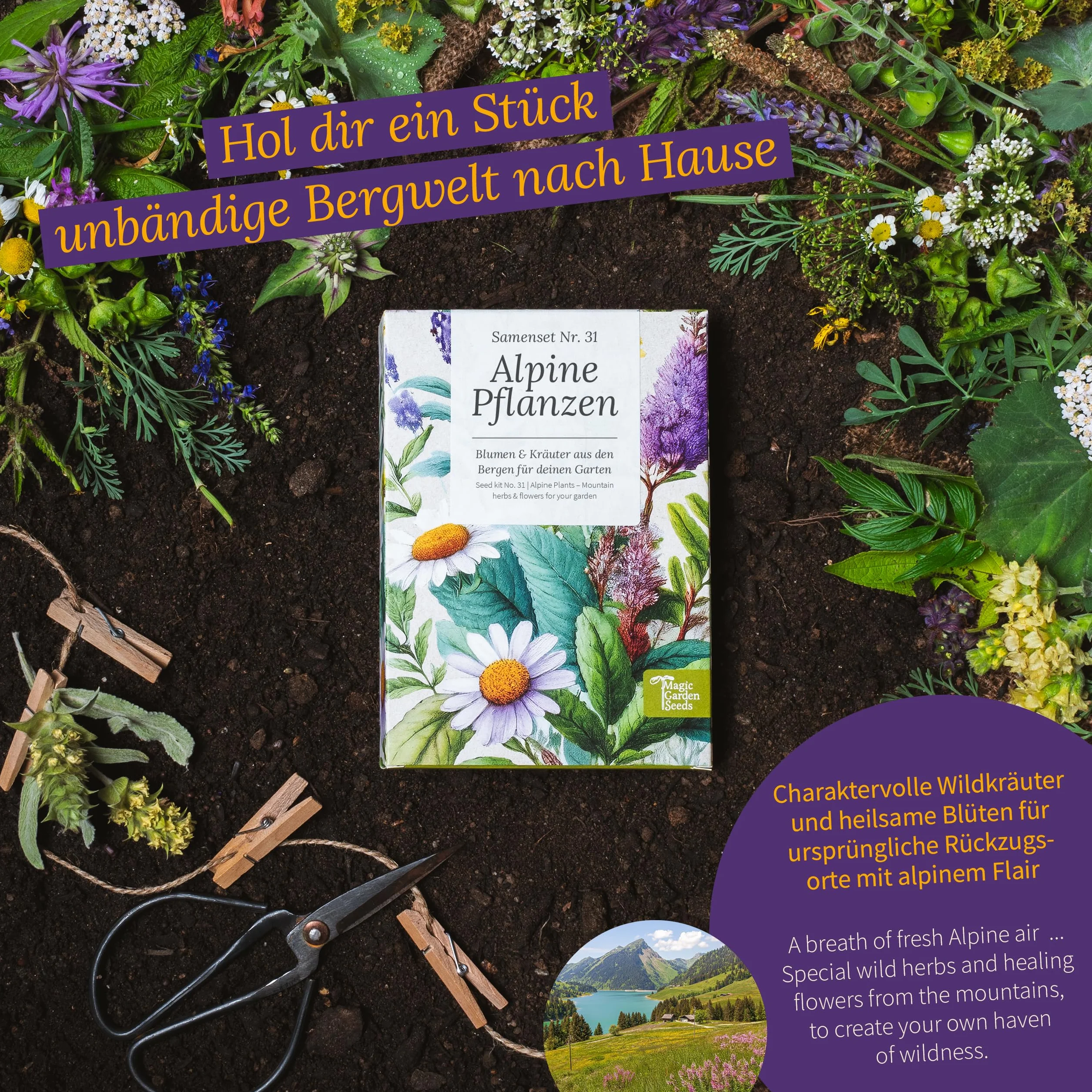 Magic Garden Seeds - Pudełko z nasionami roślin alpejskich z 9 odmianami - dzikie kwiaty i zioła z gór: głodek, jastrzębiec, arnika, rozmaryn, lucerna i inne - odporne i kochające słońce