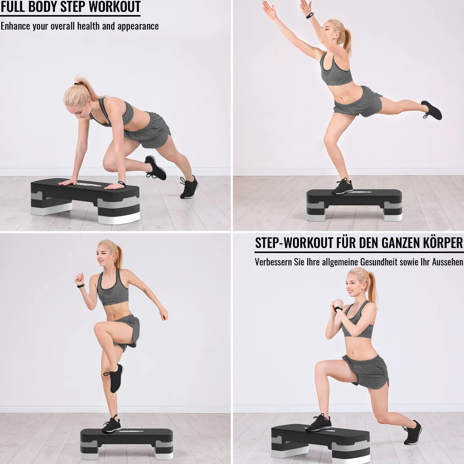 Deska do aerobiku Physionics® - 3poziomy(10/15/20cm),regulacja wysokości, antypoślizgowa gumowa osłona, maks. 200kg - Stepper fitness, Stepboard, Bench, Bench, Cardio do ćwiczeń w domu
