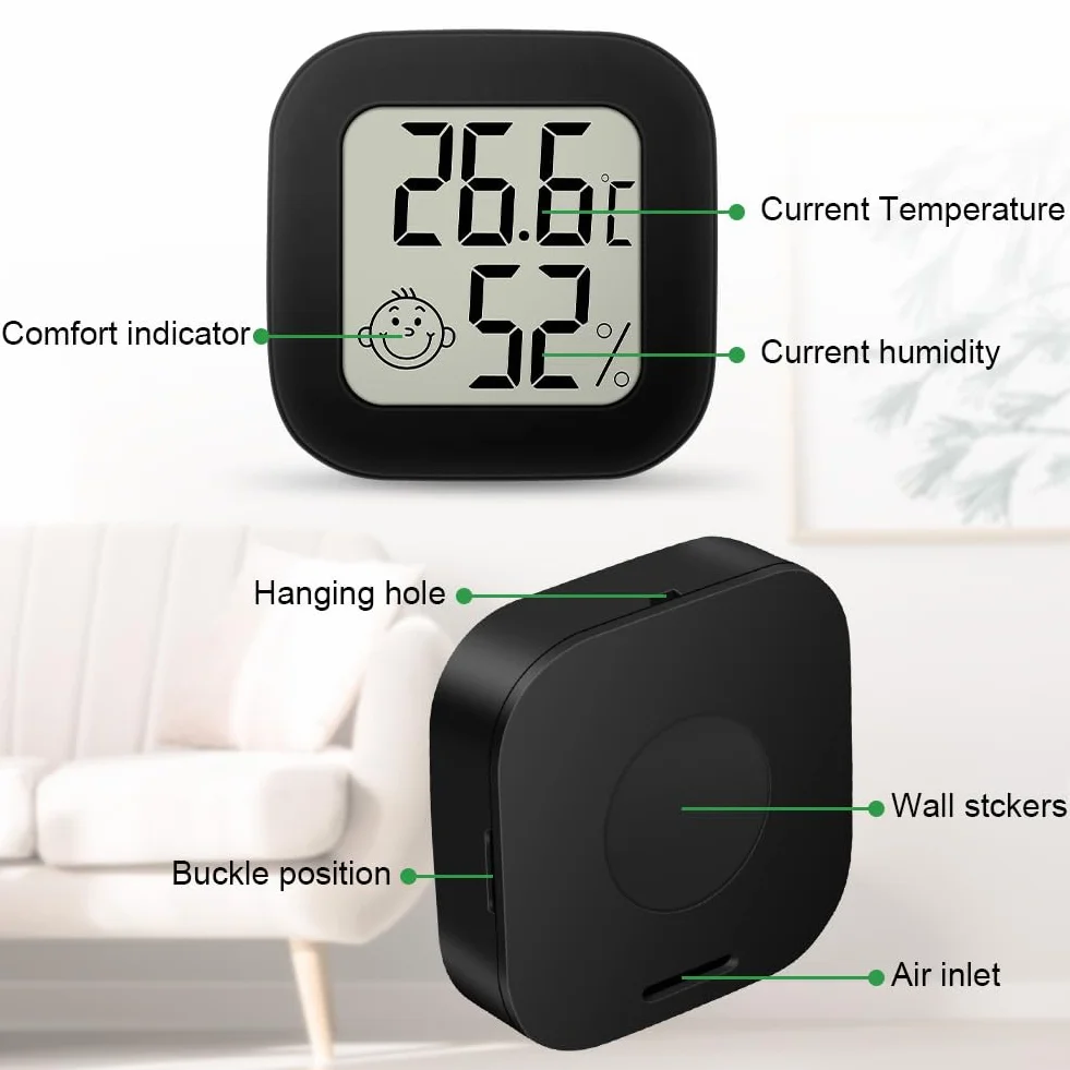 Ainiv Cyfrowy mini higrometr/termometr pokojowy, do pomieszczeń, z wyświetlaczem LCD i ikonami twarzy, z monitorem wilgotności/temperatury, do sypialni, pokoju dziecięcego, samochodu, 4 sztuki