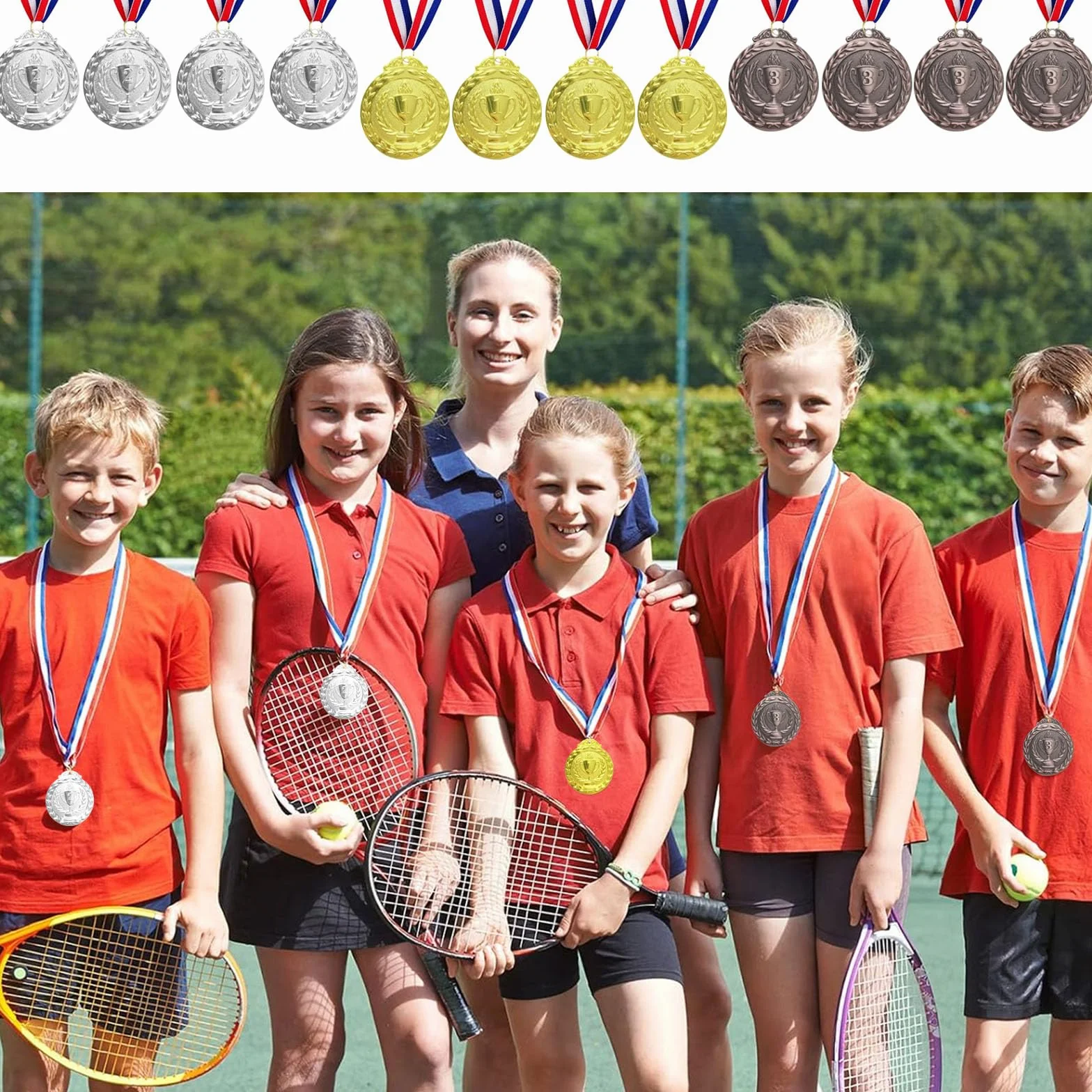 12 sztuk medali nagród, złote srebrne brązowe medale ze wstążkami na szyję, nagroda dla dzieci, medale zwycięzcy na zawody, imprezę, sport, styl olimpijski