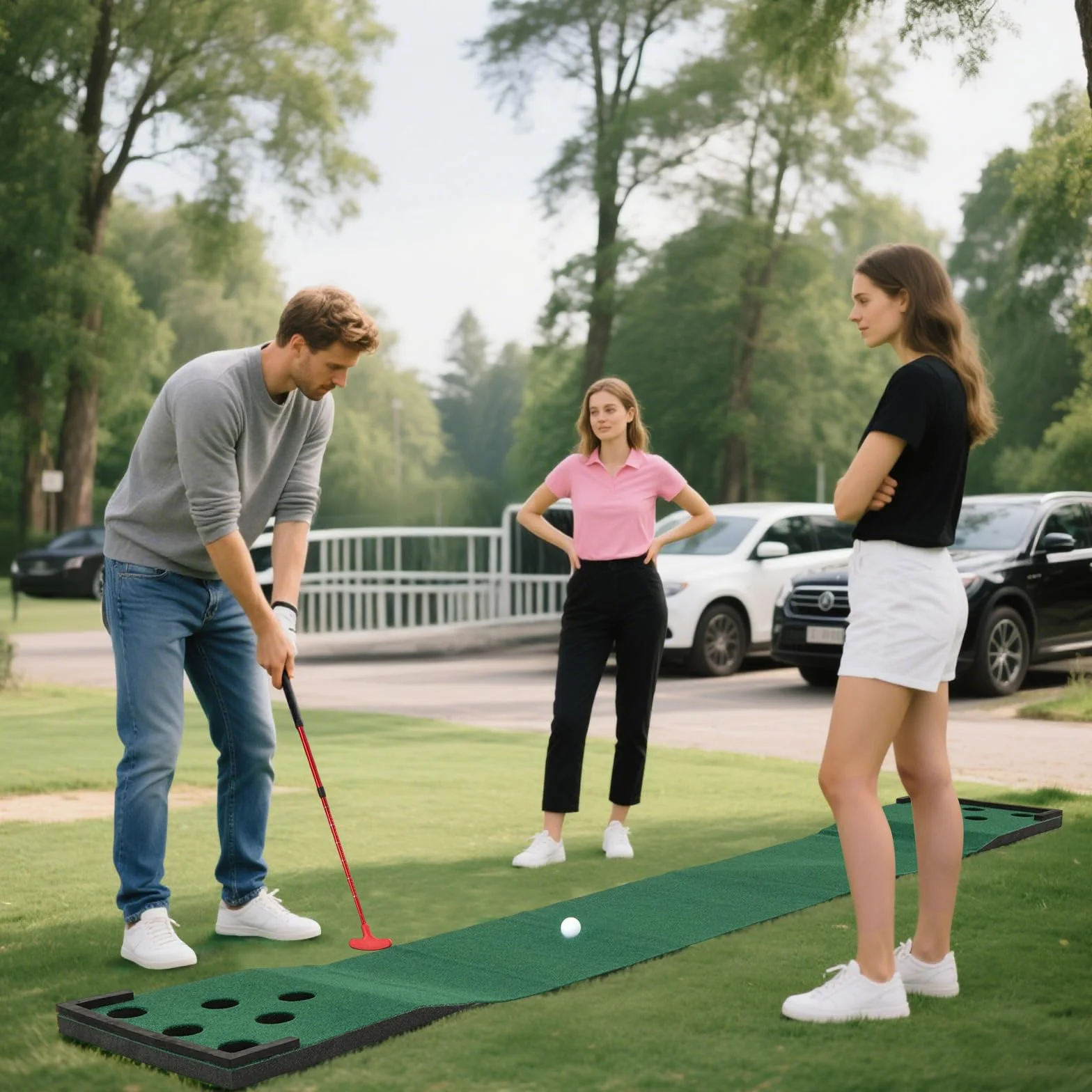 COSTWAY Mata do gry w golfa 332 x 50 cm, putting green z 2 regulowanymi kijkami do puttingu, 6 piłkami i 12 osłonami otworów, przenośna mata golfowa do użytku wewnątrz i na zewnątrz, mata do ćwiczeń