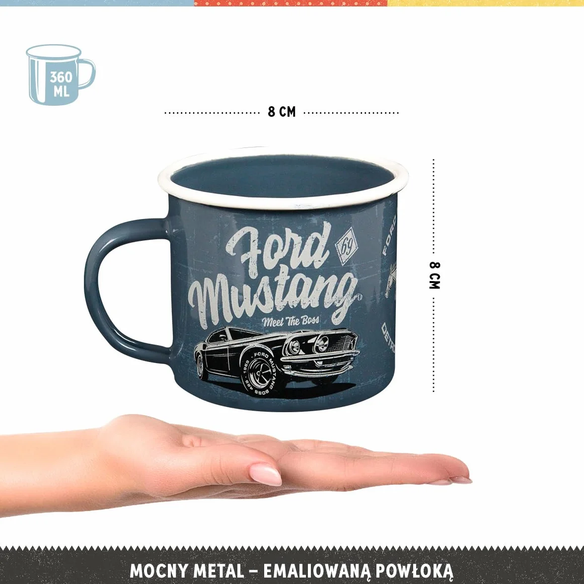Nostalgic-Art Retro kubek emaliowany, 360 ml, Ford Mustang – The Boss – Pomysł na prezent dla miłośników Forda, Official License Product (OLP), kubek kempingowy na kawę, Styl vintage