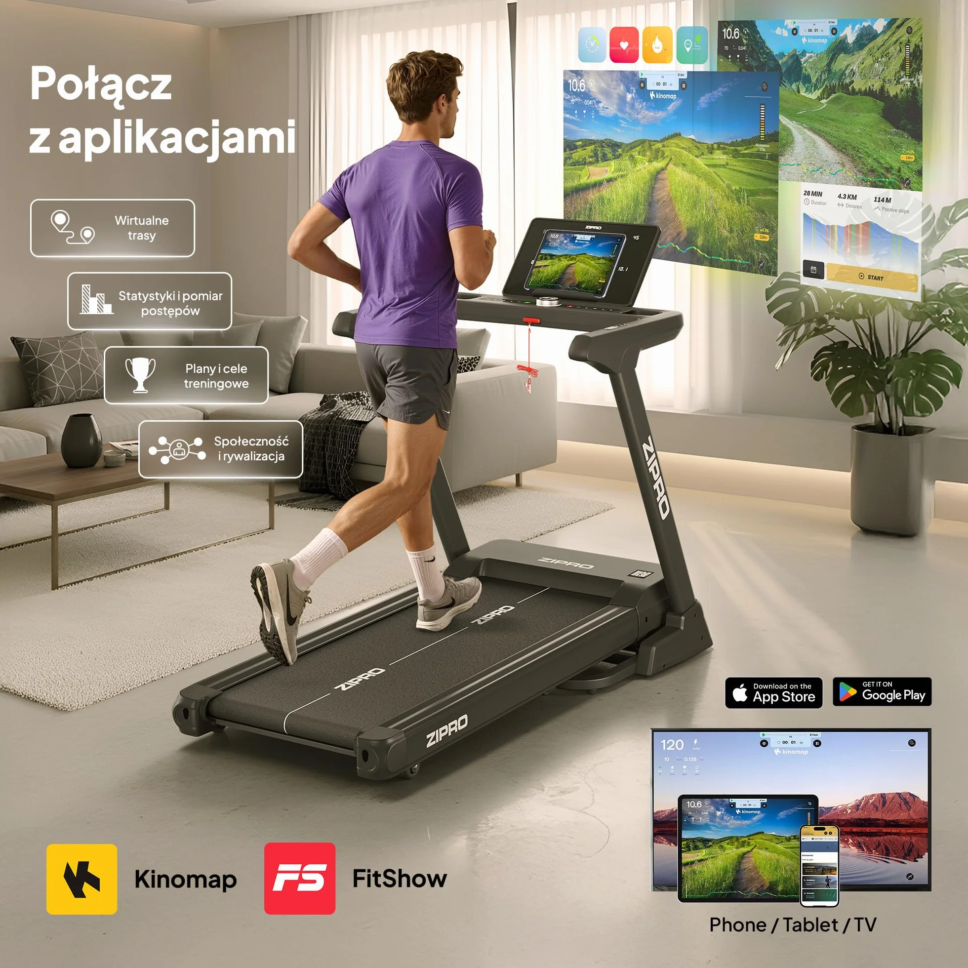 ZIPRO Sigma Bieżnia Elektryczna Składana 20 km/h Regulacja Nachylenia Amortyzacja Fitshow