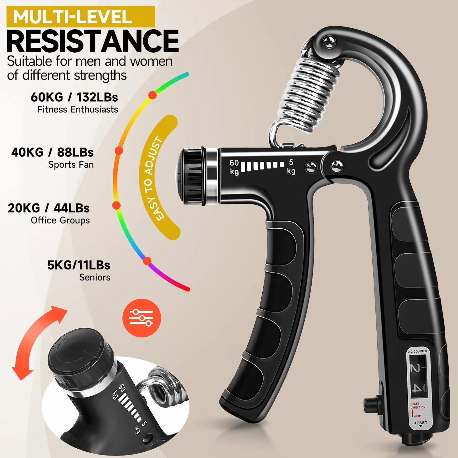 flintronic Zestaw do treningu rąk, trener przedramion z wbudowaną funkcją liczenia, regulowany opór 5-60 kg, trener palców do fitnessu, wspinaczki, treningu siłowego, rehabilitacji dłoni
