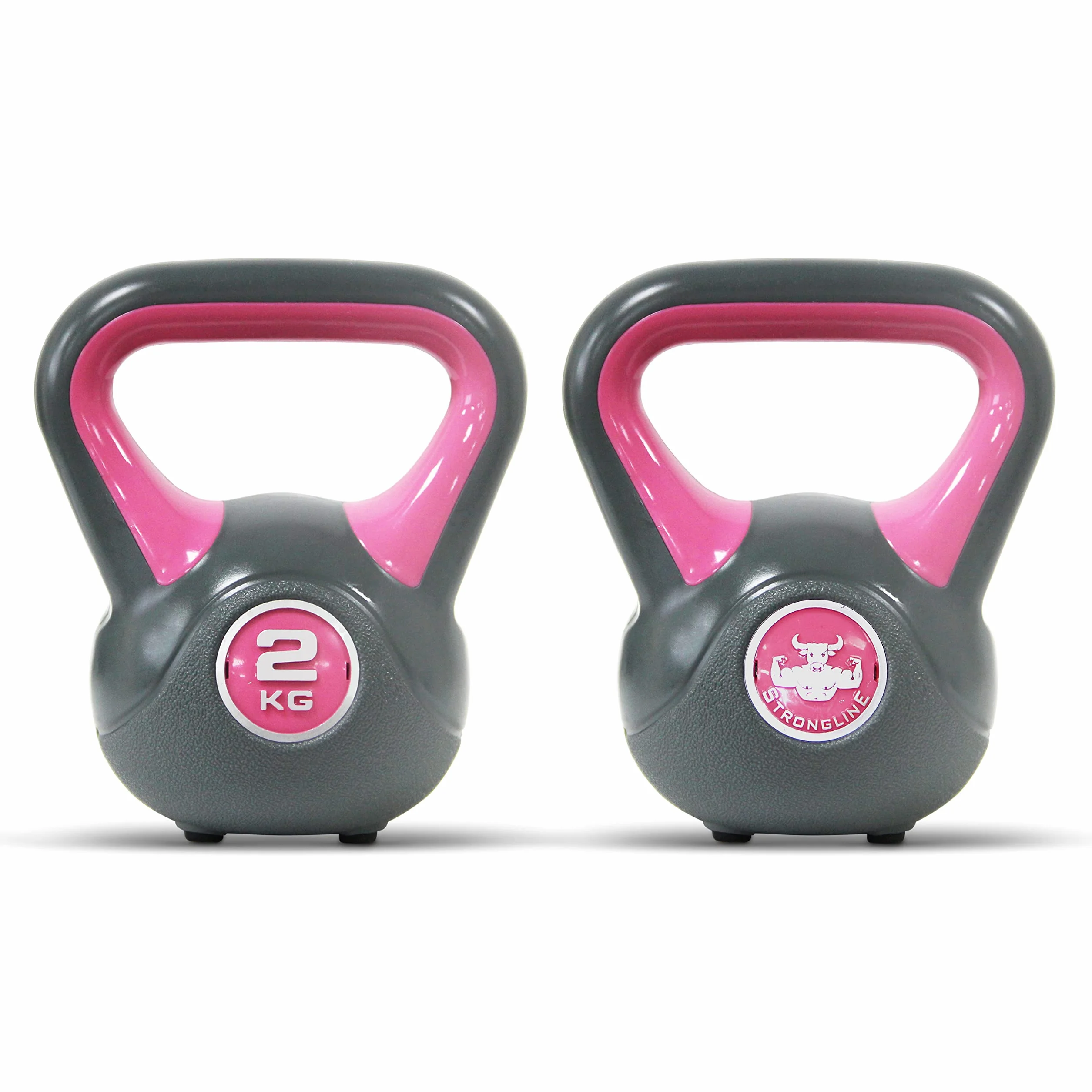 POWRX Kettlebell z tworzywa sztucznego, 2-20 kg, w zestawie z treningiem, hantle w różnych kolorach i ciężarach, hantle zamachowe chroniące podłogę (2 kg – różowe)