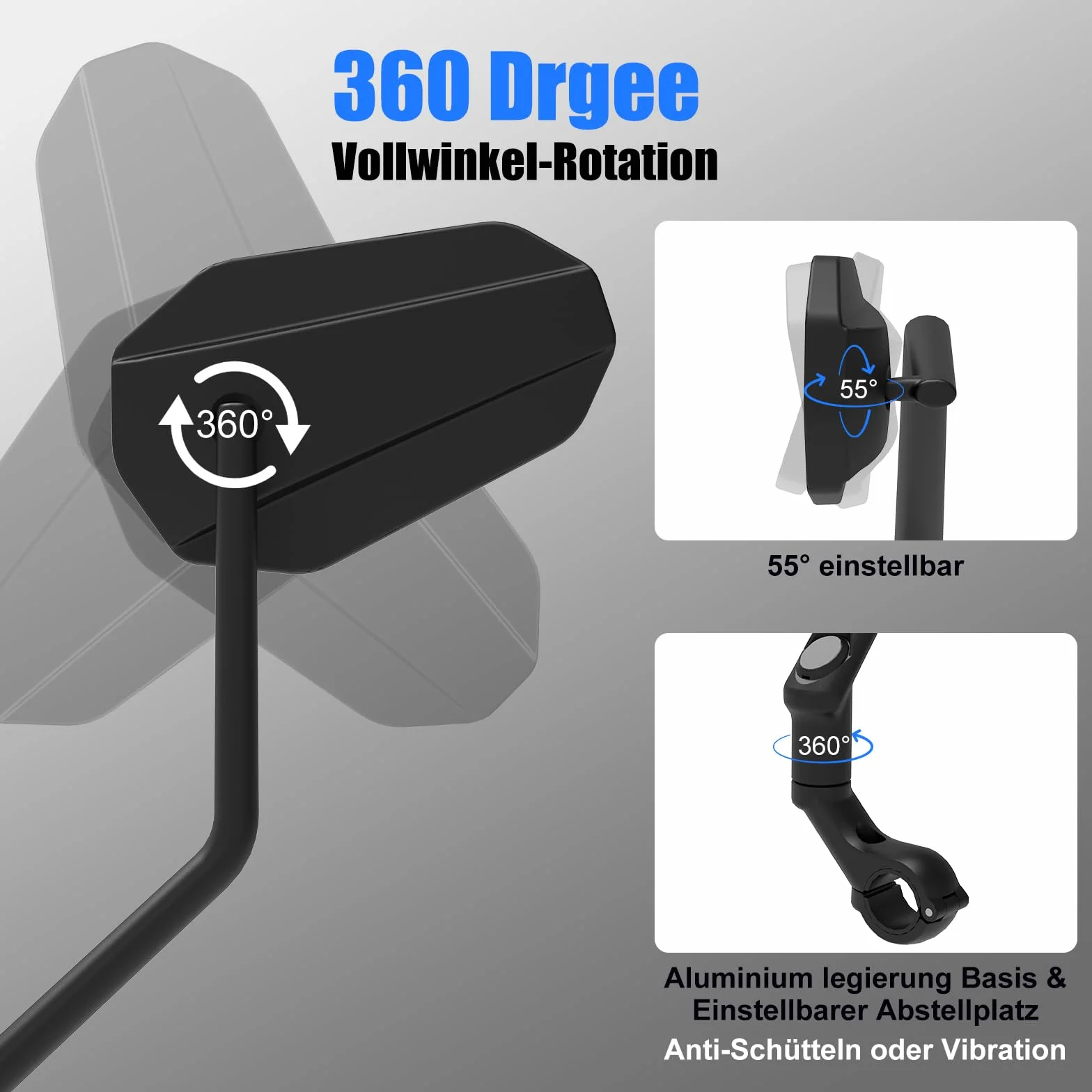 Diyife Lusterko Rowerowe Obrót 360° Duża Powierzchnia Szkła PA6+GF 22–25,5 mm
