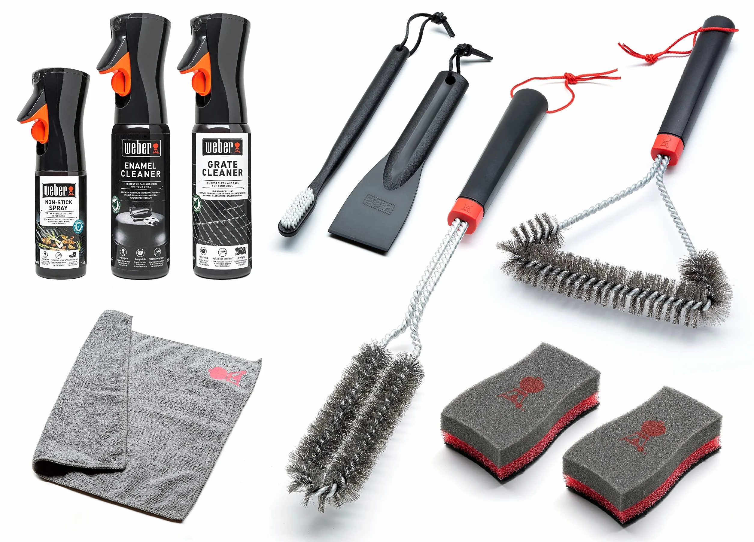 Weber Zestaw Czyszczenia Grili Emaliowanych, z: 3 Szczotki do Grilla, Środek do Czyszczenia Rusztu i Emalii, Spray Antyprzywierający, Ścierka Mikrofibrowa, Skrobaczka, 2 Gąbki do Czyszczenia (18284)