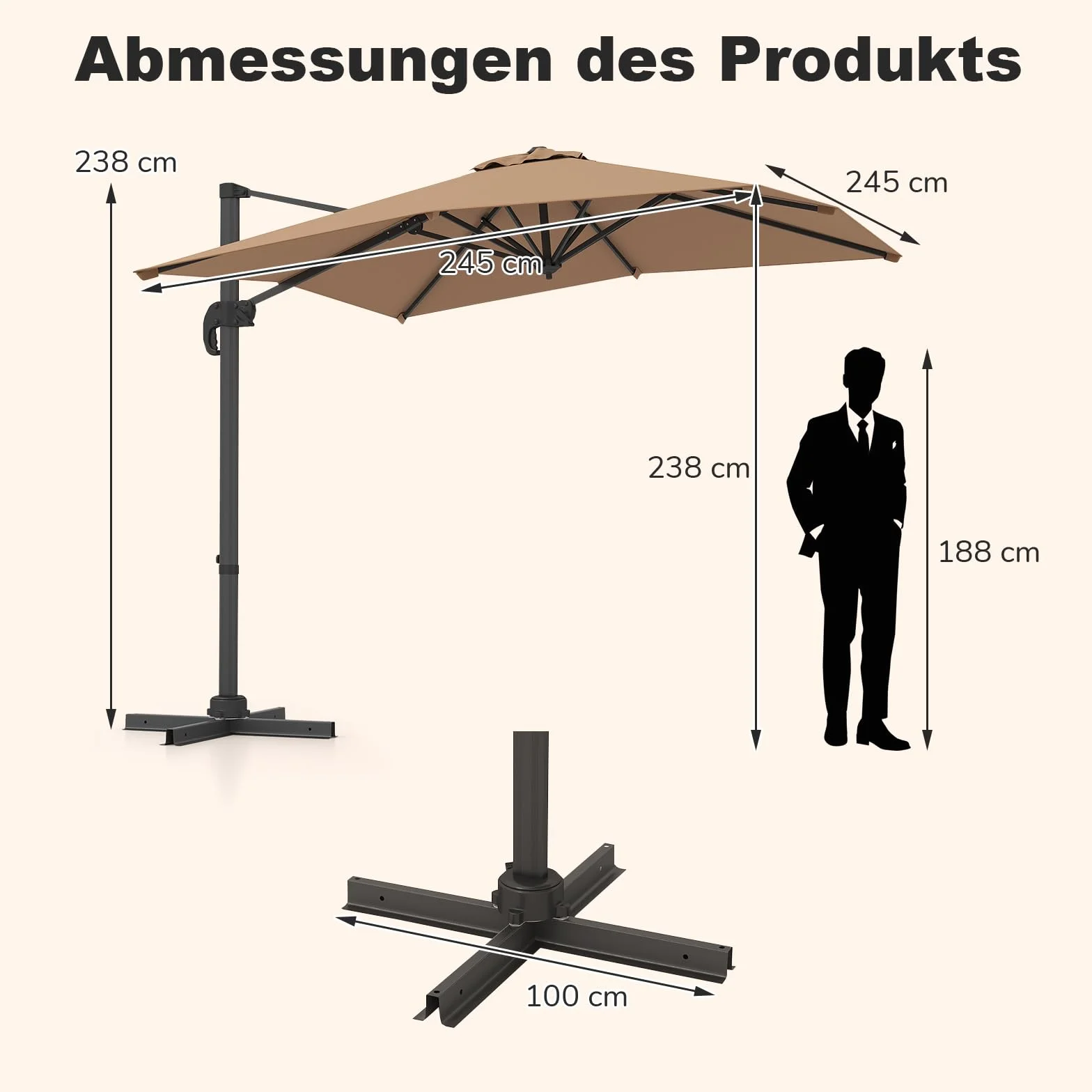 COSTWAY Parasol przeciwsłoneczny, prostokątny, 250 x 250 cm, duży parasol przeciwsłoneczny z korbą, parasol ogrodowy, odchylany o 360°, parasol tarasowy, do ogrodu, na taras, balkon (brązowy)