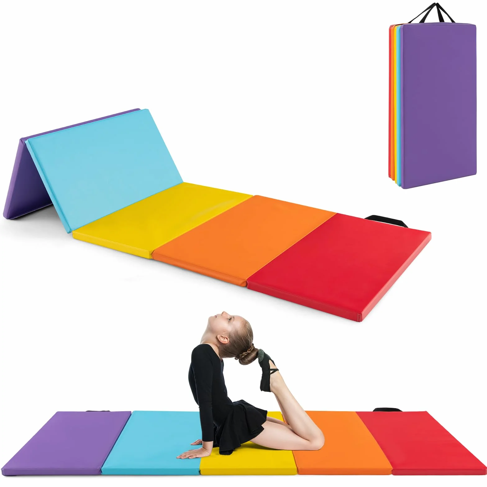 COSTWAY Składana mata gimnastyczna, 200 x 75 cm, miękka mata podłogowa, 5-krotnie składana, z poliuretanu, z uchwytem do noszenia, mata sportowa, do fitnessu, do domu, dla dzieci i dorosłych