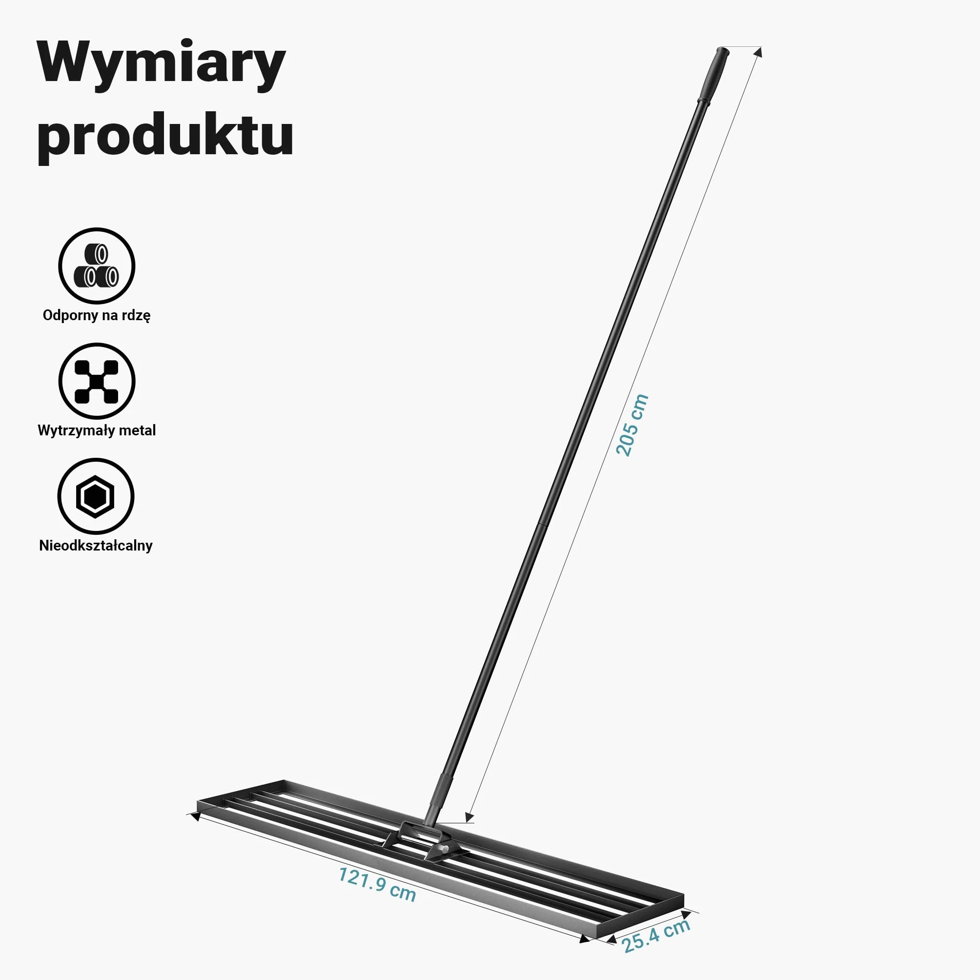 Wiltec Niwelator ręczny 25,4 cm x 121,9 cm aluminiowy z regulowanym kijem 2 m, grabie do wyrównywania trawnika, równiarka kretowisk