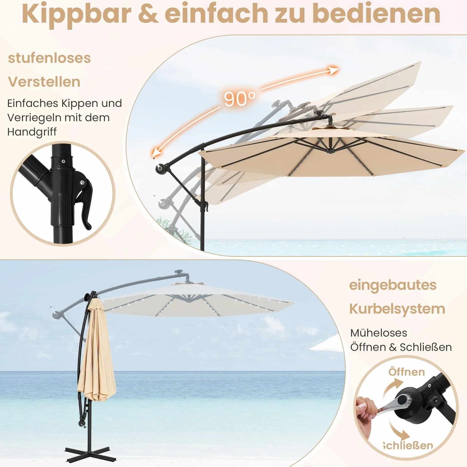 COSTWAY Parasol przeciwsłoneczny z workiem na piasek, 300 cm, z 40 solarnymi diodami LED i korbą, parasol ogrodowy, ochrona przed promieniowaniem UV, parasol na taras, do ogrodu, na basen, taras