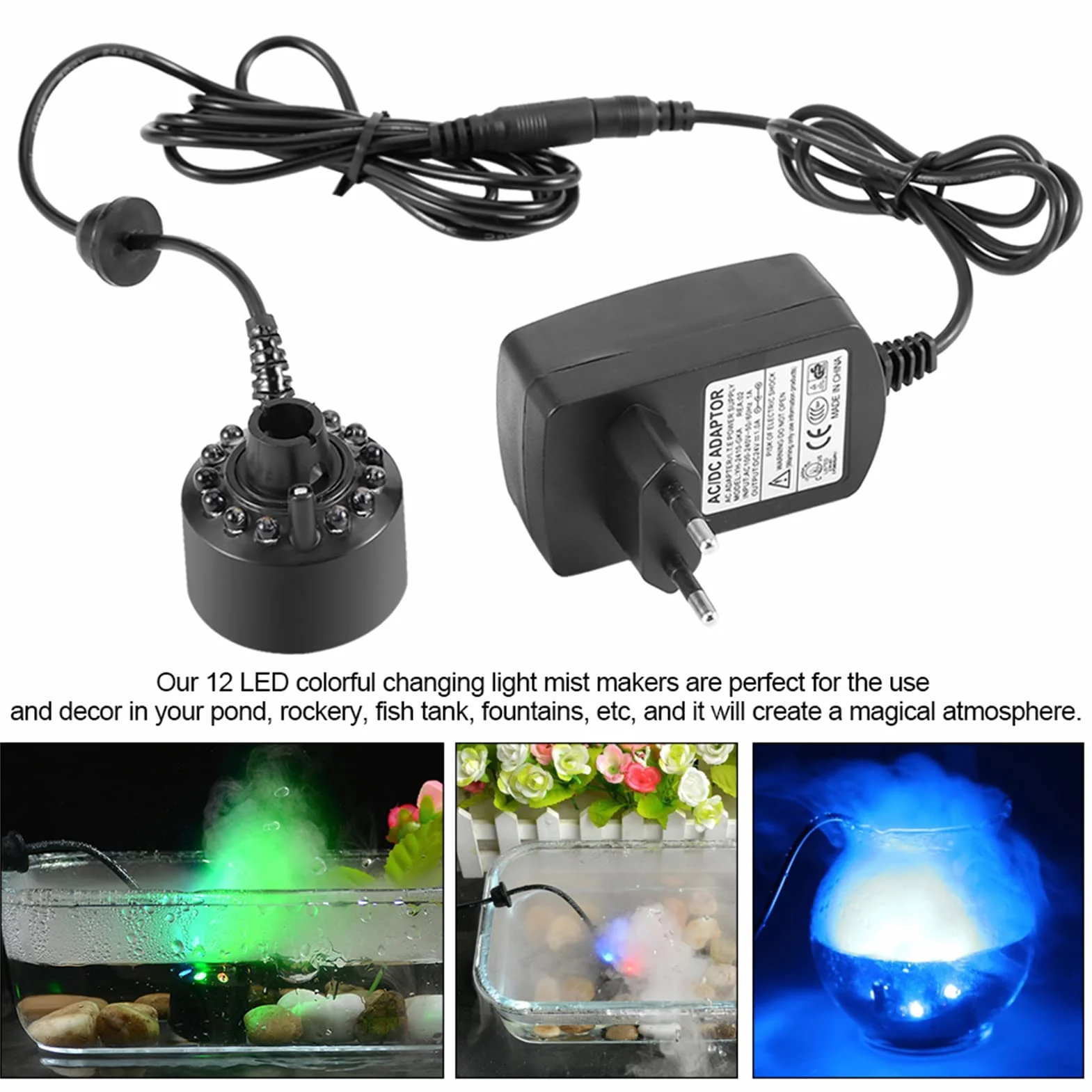 Wytwarzacz Mgły, do Fontanny Staw z Zasilaczem Nebler 110 240V Wtyczka Amerykańska 1Pc 12LED Kolorowe Urządzenie do Wytwarzania Mgiełki