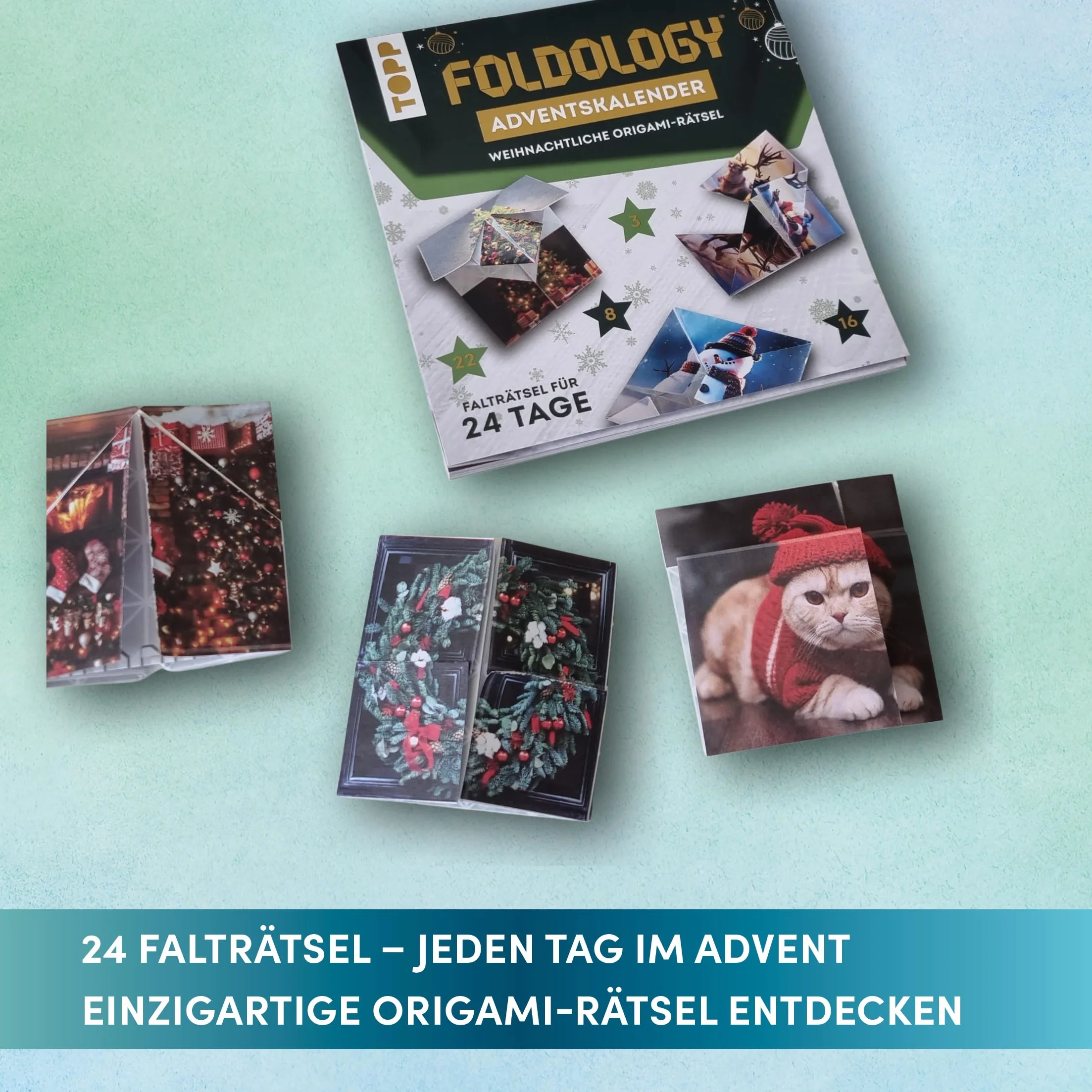 Foldology – Der Origami-Rätsel-Adventskalender: Mehrere einzigartige Falträtsel für jeden Tag im Advent. Der Adventskalender für helle Köpfe und geschickte Hände. Ideal für Jung und Alt