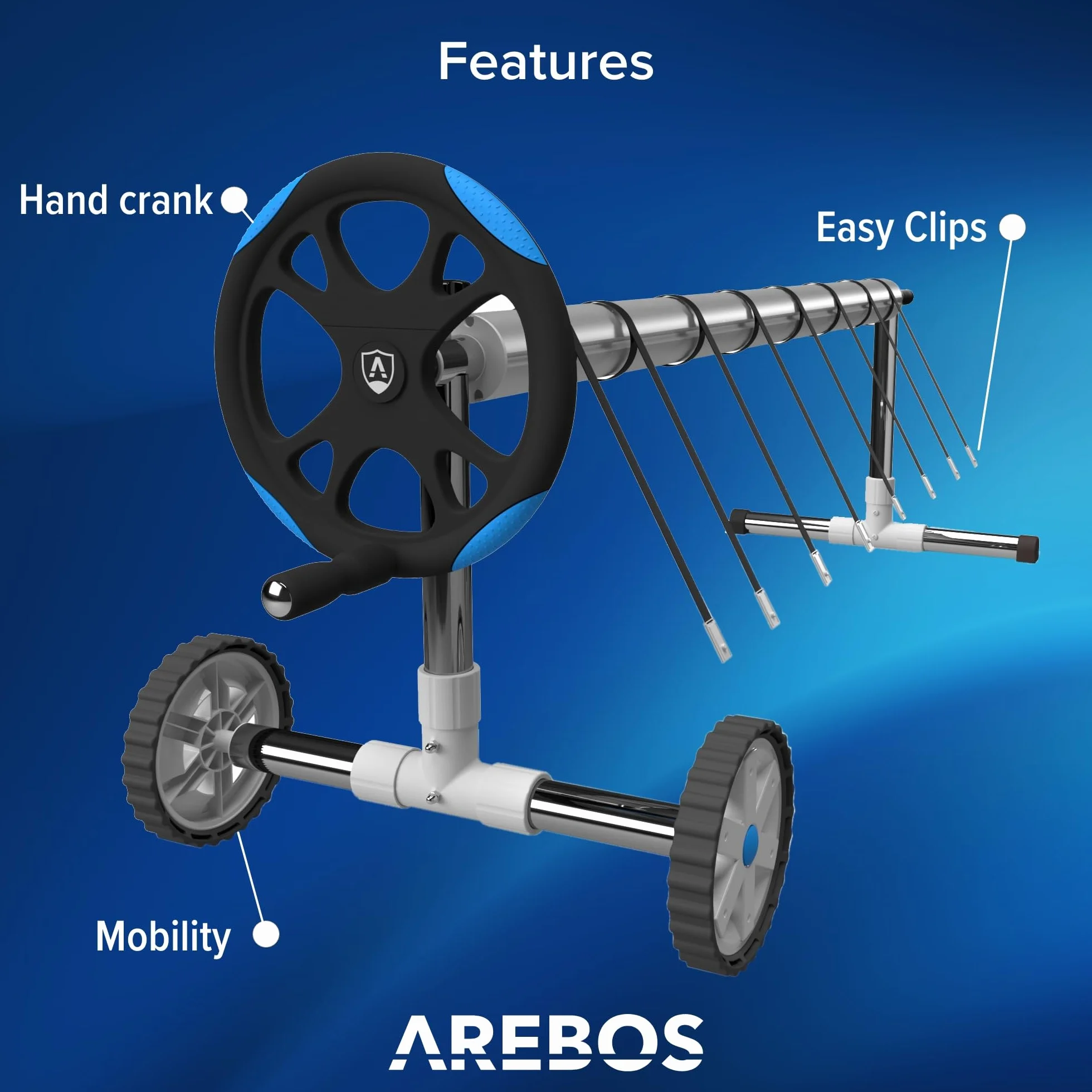 Arebos Zwijacz do basenu | Mobilny system zwijania do osłon przeciwsłonecznych i basenowych | Długość 3 m - 5,70 m | Materiał odporny na warunki atmosferyczne | Mocowanie i rolki w zestawie