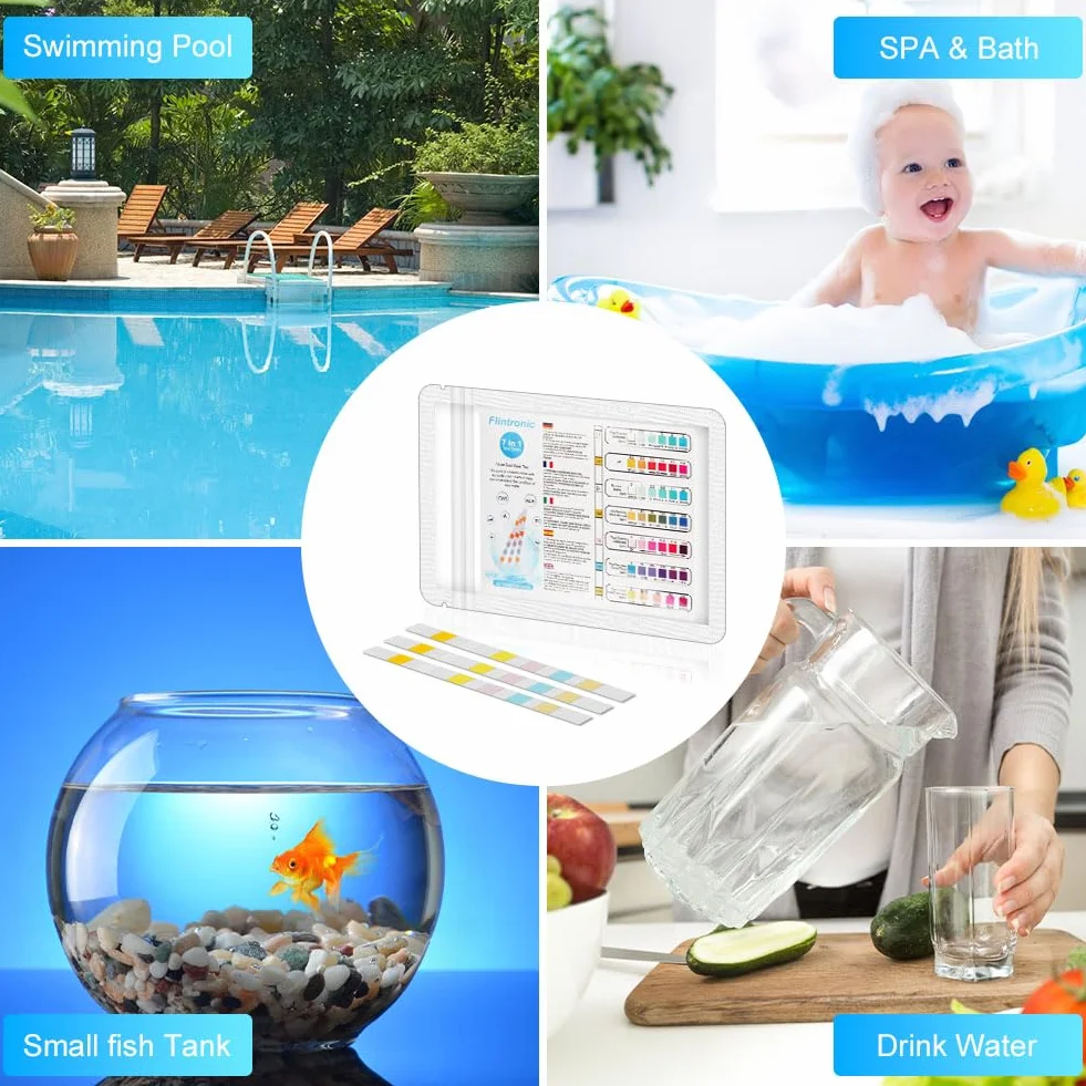 Flintronic 100 pasków testowych do basenu i spa, 7 w 1, paski do spa i basenu, paski ph do testowania jakości wody, bromu, pH, twardości, chloru i wolnego chloru, 100 sztuk
