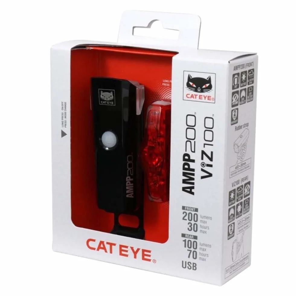 CatEye AMPP 200 VIZ 100 zestaw świateł rowerowych przednich i tylnych 200 lumenów 100 lumenów USB czarne