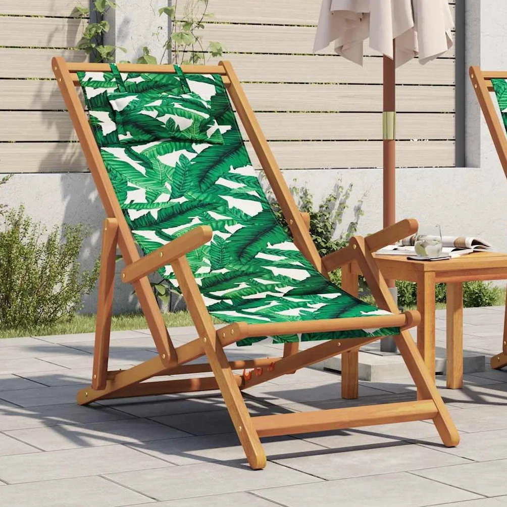 vidaXL Składane krzesło plażowe, wzór w liście, eukaliptus i tkanina, krzesło ogrodowe, krzesło do ogrodu, krzesła ogrodowe, krzesło na plażę