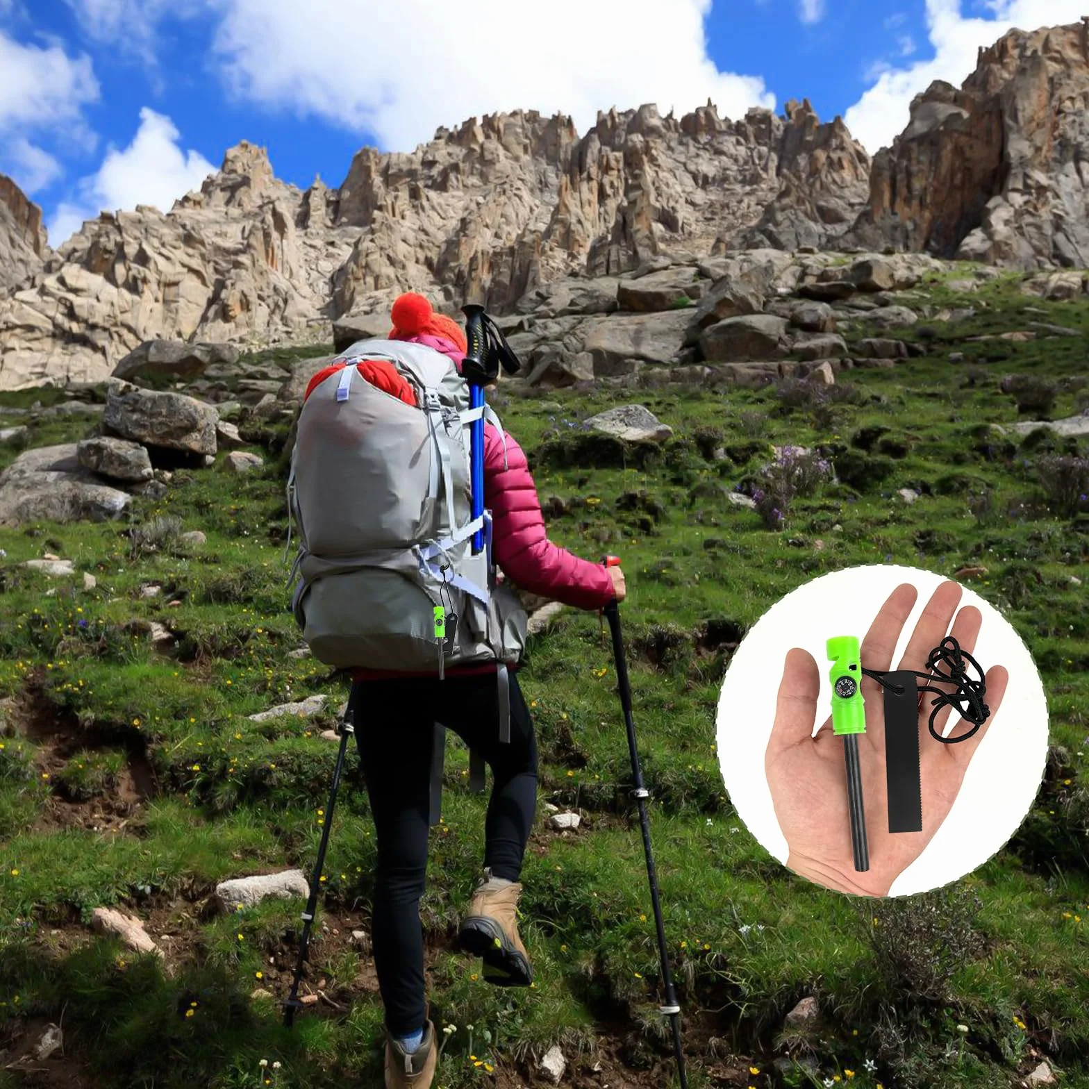 Krzesiwo magnezowe zestaw survivalowy wodoodporny z gwizdkiem i kompasem Paracord zielona