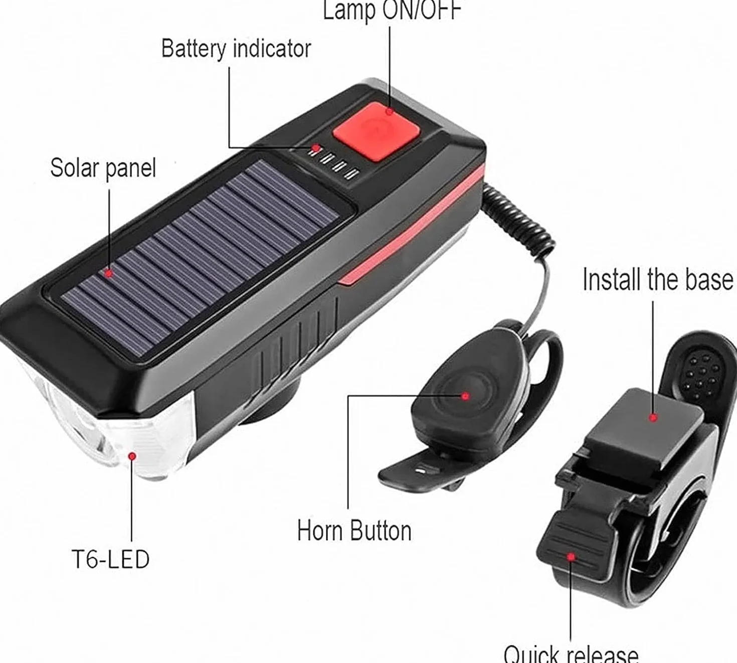 Światło przednie do roweru, zasilanie energią słoneczną, 3 tryby pracy, reflektor LED i wodoszczelny dzwonek, ładowanie przez USB, idealne do rowerów szosowych i górskich