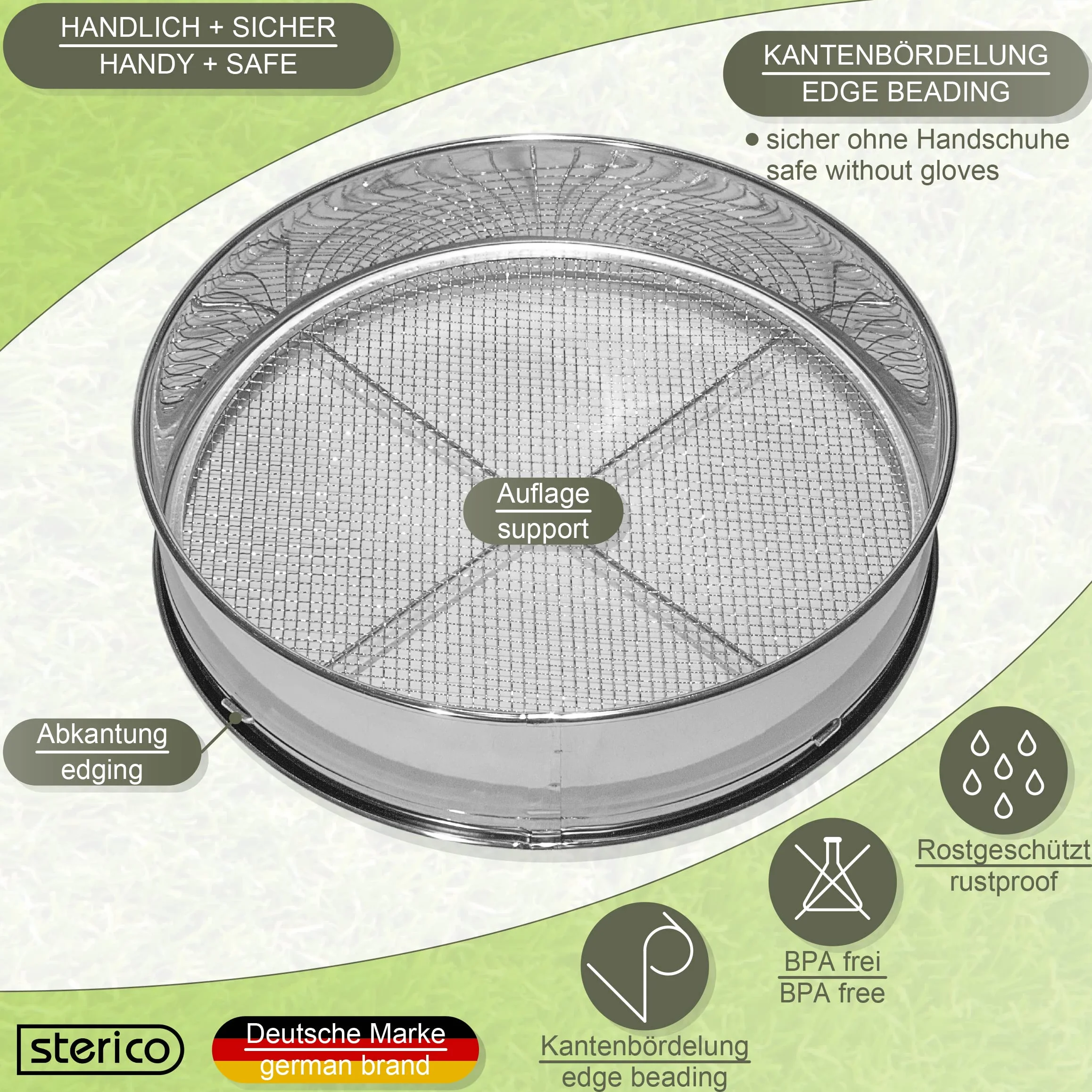 Sitko ogrodowe 5000, 5 w 1, 5 wymiernych sitek Ø 3,5, 8, 10, 12 mm, do ziemi, kamieni, kompostu, chwastów, piasku, żwiru i nasion, 30 cm okrągłe, metalowe, odporne na rdzę