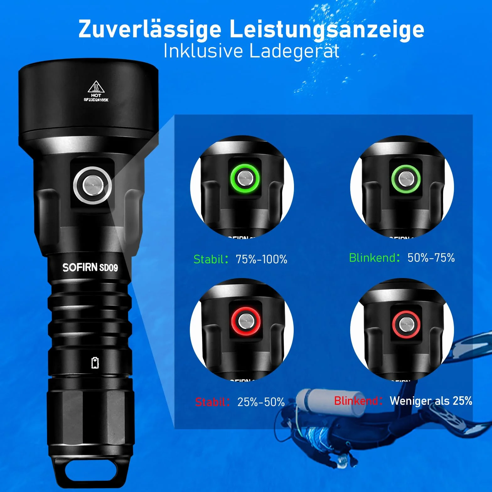 sofirn SD09 3400 Lumenów Lampa do nurkowania 100 m Latarka LED Wodoodporna latarka do nurkowania IPX8 Profesjonalne światło zatapialne
