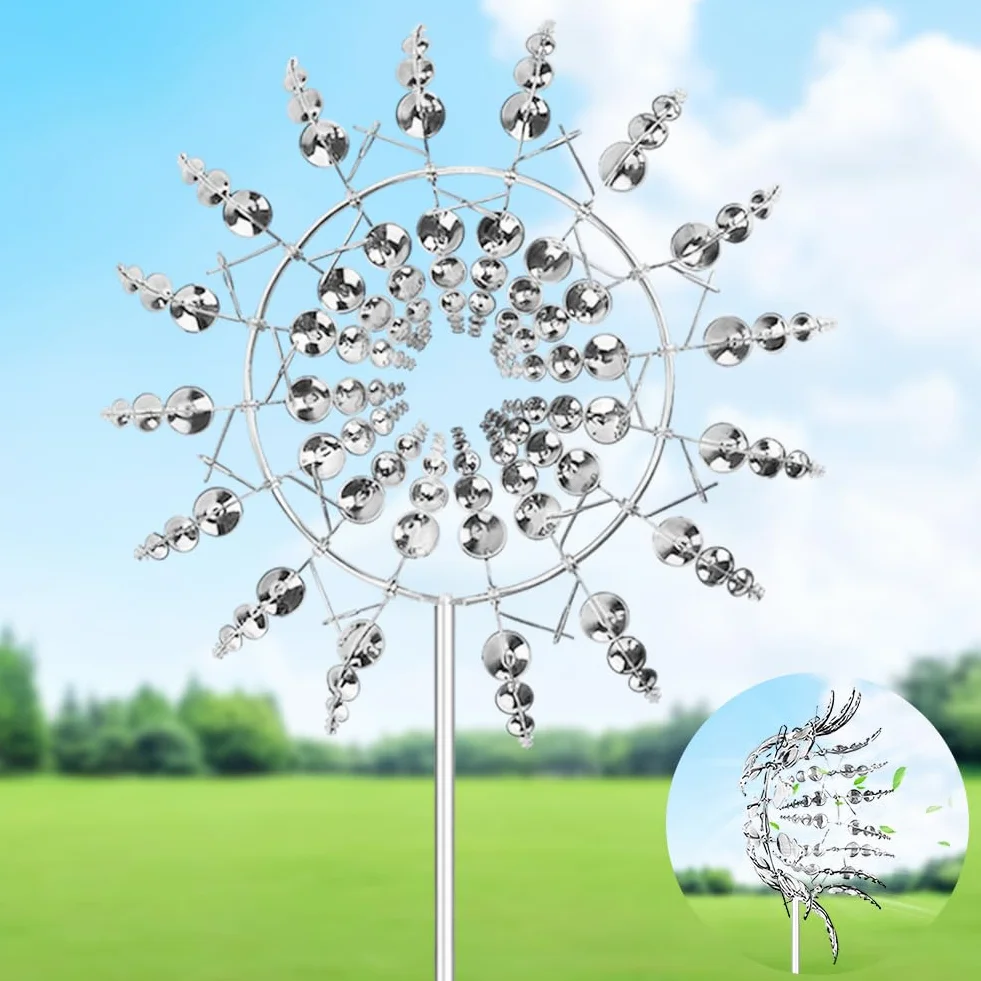 DASIAUTOEM Magiczny wiatrak 3D, ze stali nierdzewnej, dzwonki wietrzne do ogrodu ze słupkiem ogrodowym, spinner wiatrowy do użytku na zewnątrz, podwójny wirnik 360°, kinetyczny spinner wiatrowy na