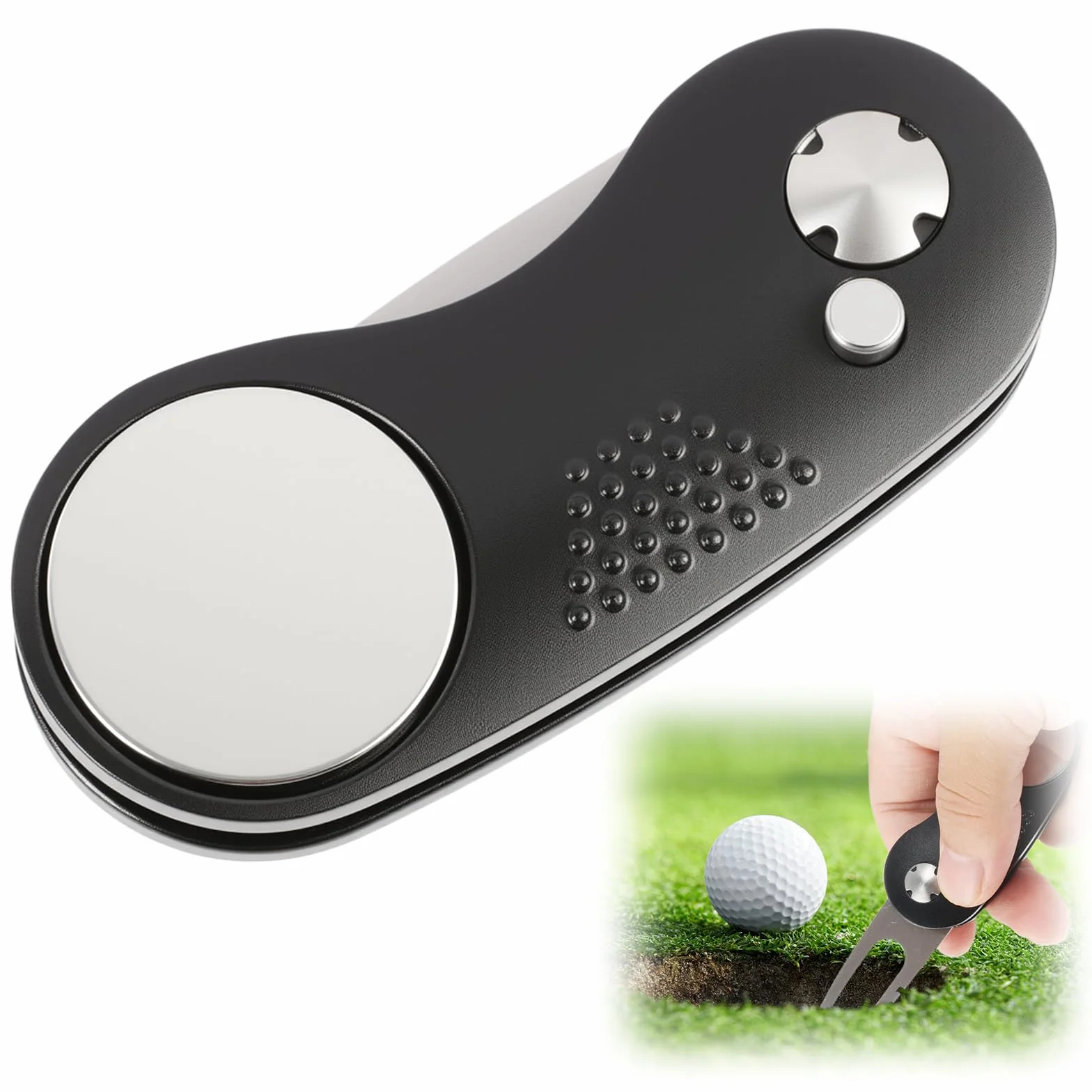 Składany widelec golfowy z markerem do piłek i klipsem do kapelusza, wykonany ze stali nierdzewnej i aluminium, do naprawy żetonów na zielono, przenośny widelec golfowy do użytku na zewnątrz