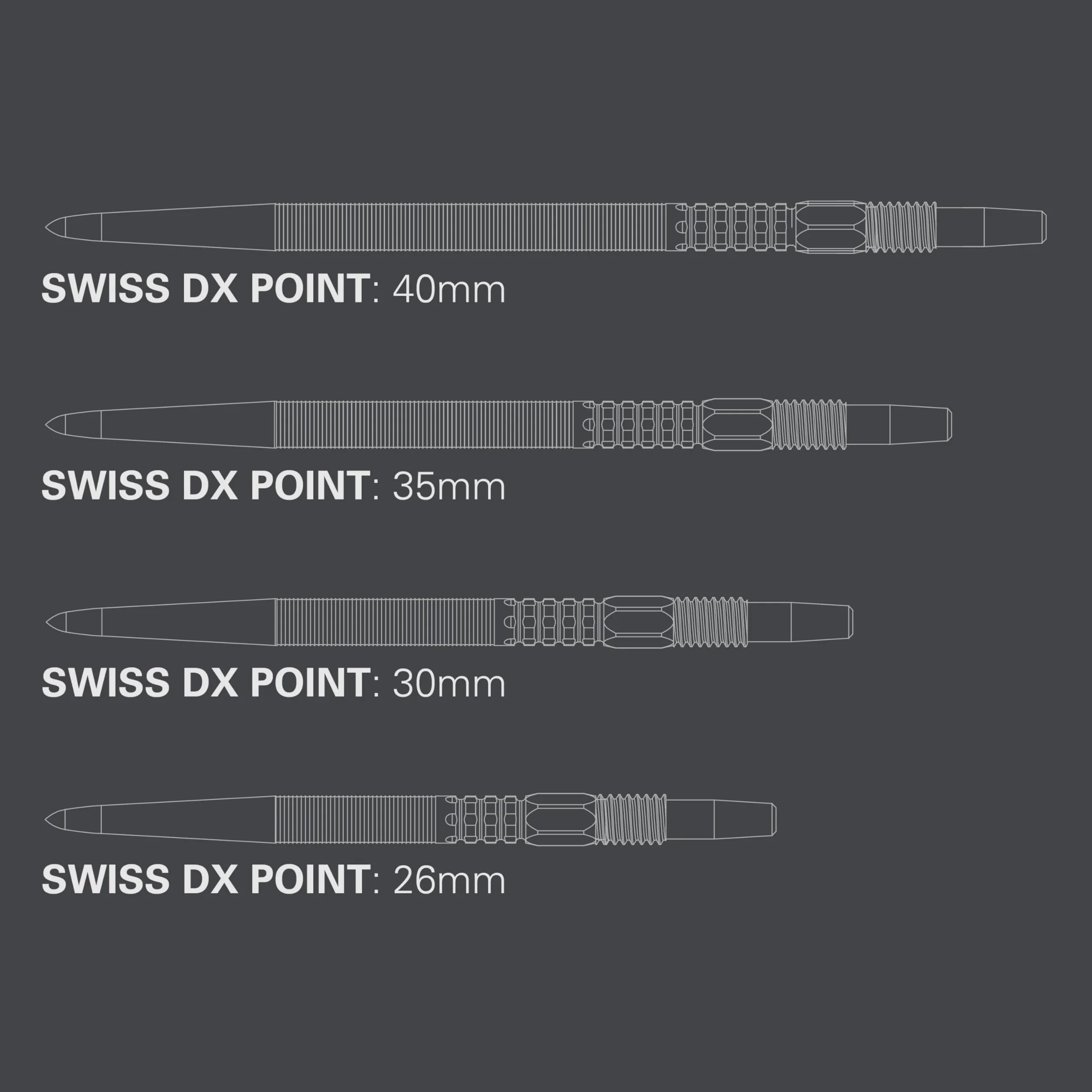 Target Darts Swiss Point DX Dart Points (3-pak zestaw końcówek) - 26 mm/30 mm/35 mm/40 mm - złoty/srebrny/czarny SP - Change Dart Swiss Point, profesjonalne akcesoria do rzutek, usuwanie końcówek