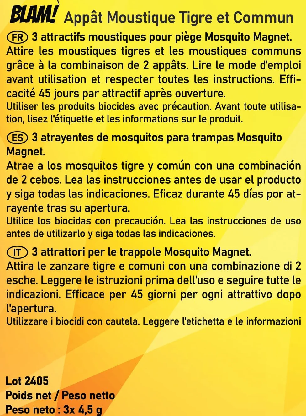 BLAM 3 przynęty na komary kompatybilne z magnesem Mosquito * Podwójny feromon: Skuteczny na komary Tygrysy i pospolite dzięki R-Octenolowi i kwasowi mlekowemu (=Atrakta*). Wydajność 3 x 45 dni