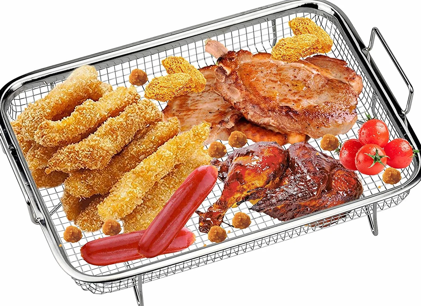PIQIUQIU Kosz do grillowania ze stali nierdzewnej, wielofunkcyjny, kratka grillowa, kosz do pieczenia frytek, grillowania (30 x 22 x 5 cm)