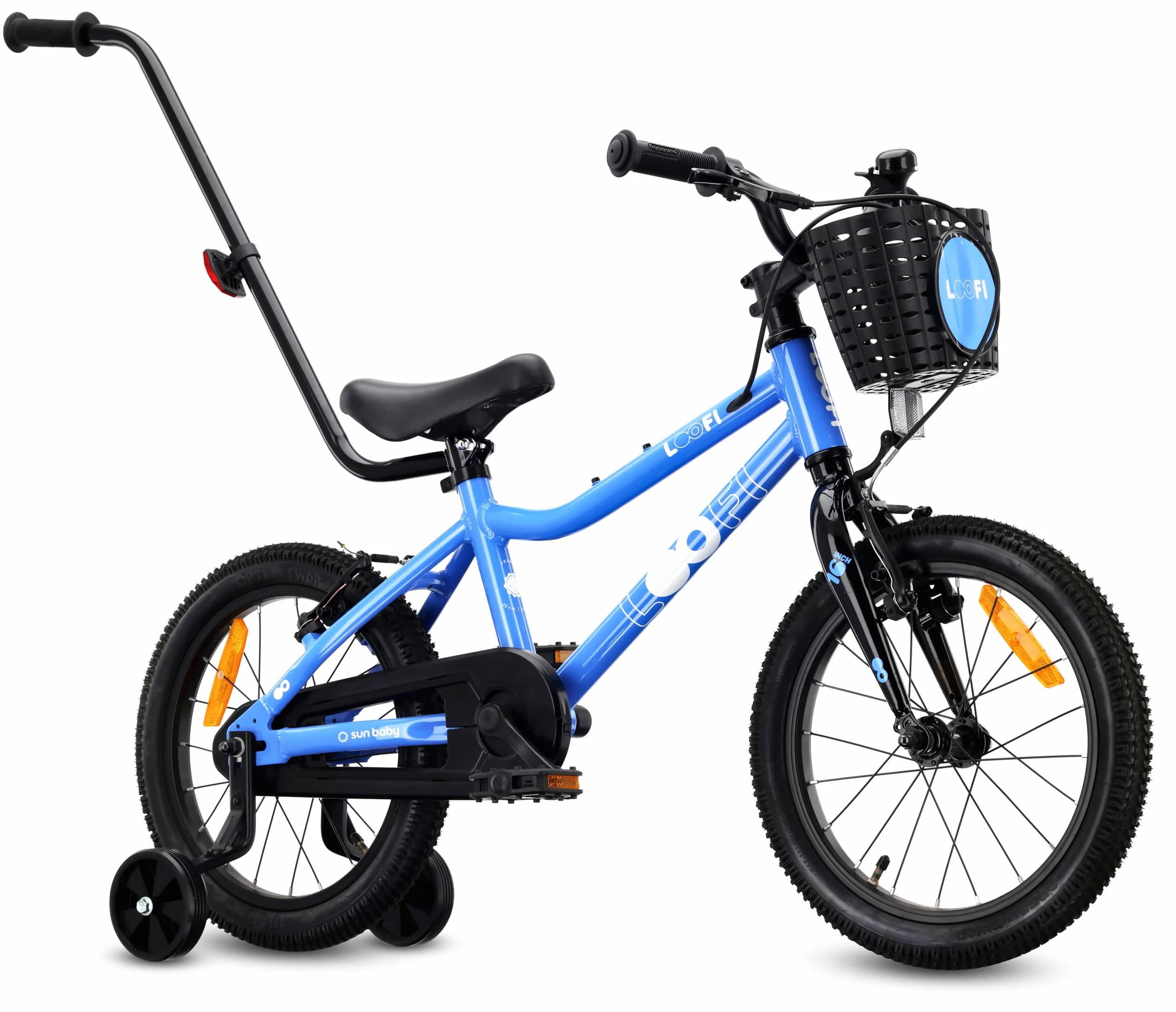 Sun Baby Rower Dziecięcy LOOFI 12 14 16 Cali, Dziewczęcy i Chłopięcy 2-6 Lat, Max 50 kg - lekka rama aluminiowa, z kółkami bocznymi, koszykiem, dzwonkiem, naklejkami