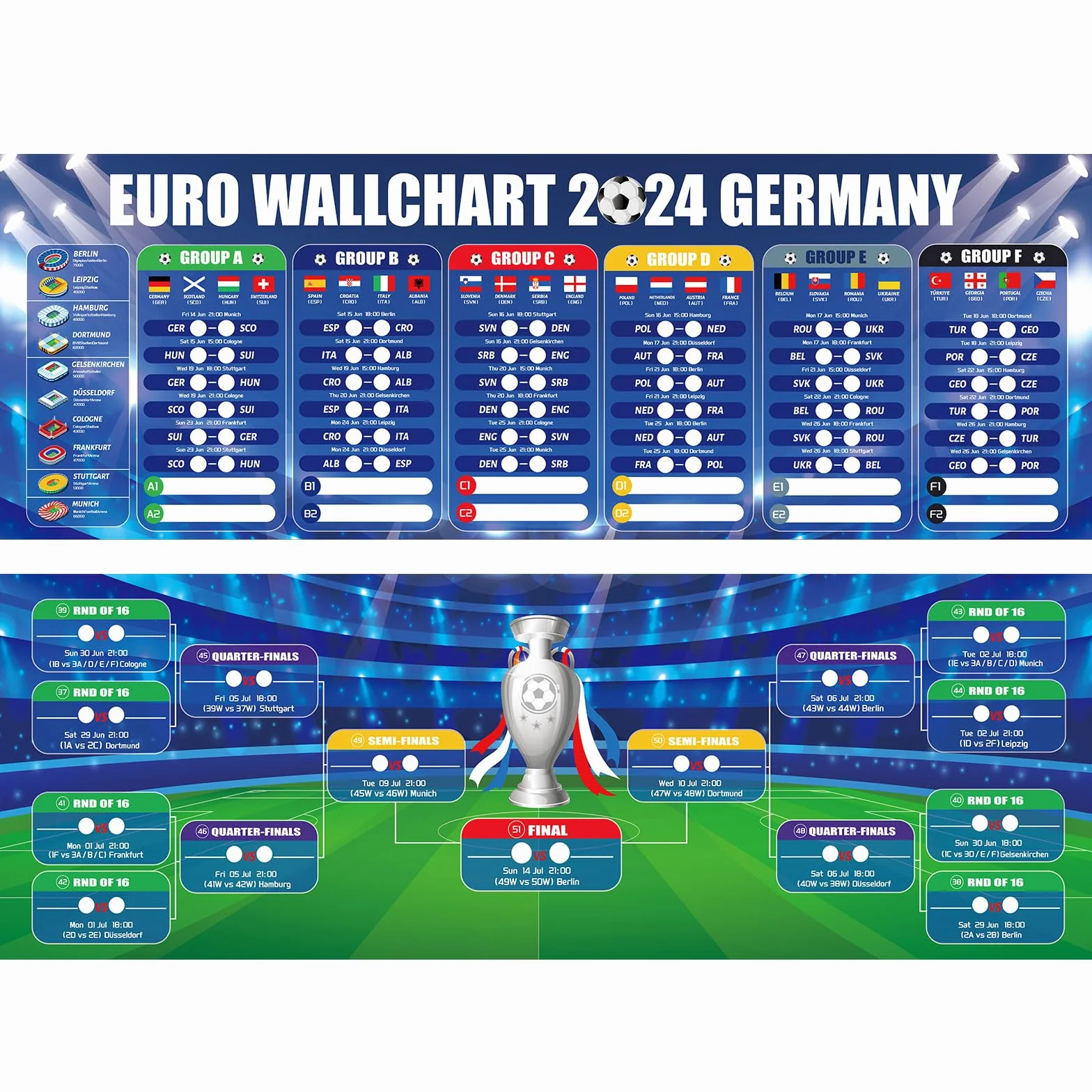 HOWAF Tabela ścienna Euro 2024, 2 duże plakaty z harmonogramem turnieju piłkarskiego