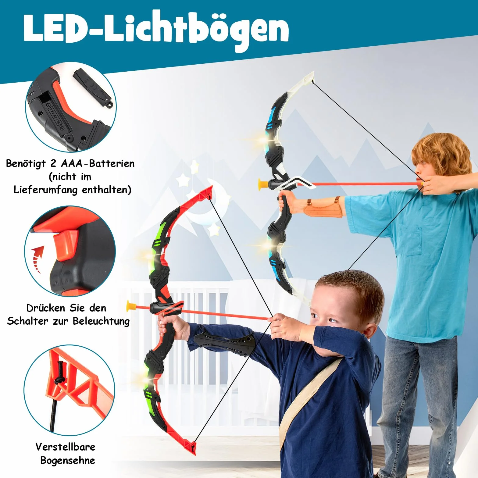 COSTWAY Zestaw 2 sztuk łuku świetlnego LED, 20 strzałek, 2 kołczony i tarcza, 2 w 1, łuk dziecięcy stojący/wiszący, do użytku wewnątrz i na zewnątrz, dla dzieci od 3 lat