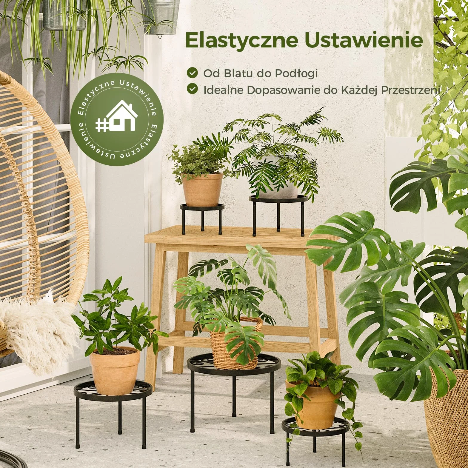 Bamworld 5 Sztuk Metalowe Stołki pod Kwiaty, Czarny Żelazny Stojak na Doniczki, Wytrzymały i Odporny na Korozję do Użytku Wewnętrznego i Zewnętrznego, Okrągły do Dekoracji Domu i Ogrodu