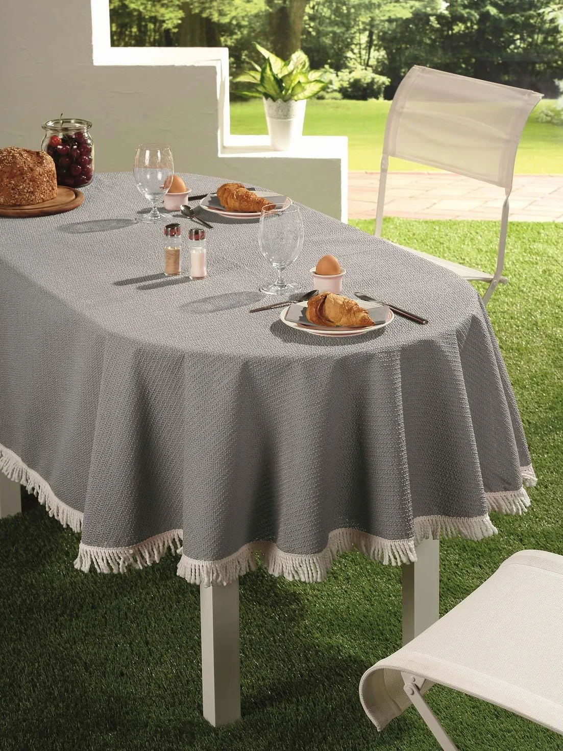 EXKLUSIV HEIMTEXTIL Klasyczny obrus na stół ogrodowy z frędzlami, z miękkiej pianki, antypoślizgowy, do ogrodu, na balkon, taras, 160 cm, okrągły, zielony