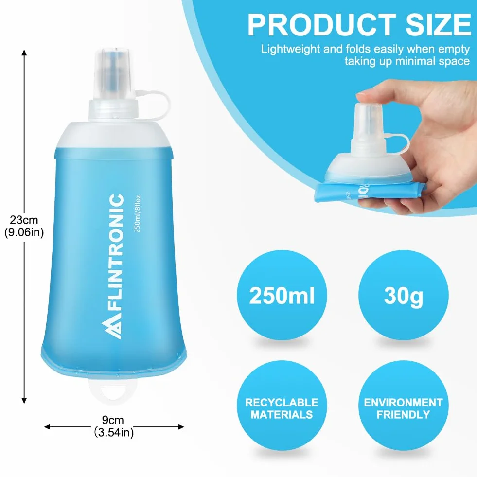 Flintronic Składana butelka na wodę z tworzywa TPU, miękka butelka, 250 ml, nie zawiera BPA, do nawodnienia plecaków, rowerów, wędrówek, joggingu, kempingu i wspinaczki (jasnoniebieska)