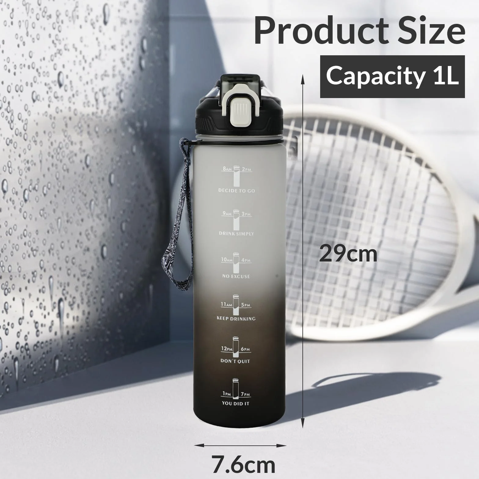 Butelka sportowa 1L BPA Free z systemem antywyciekowym słomką i podziałką czasu