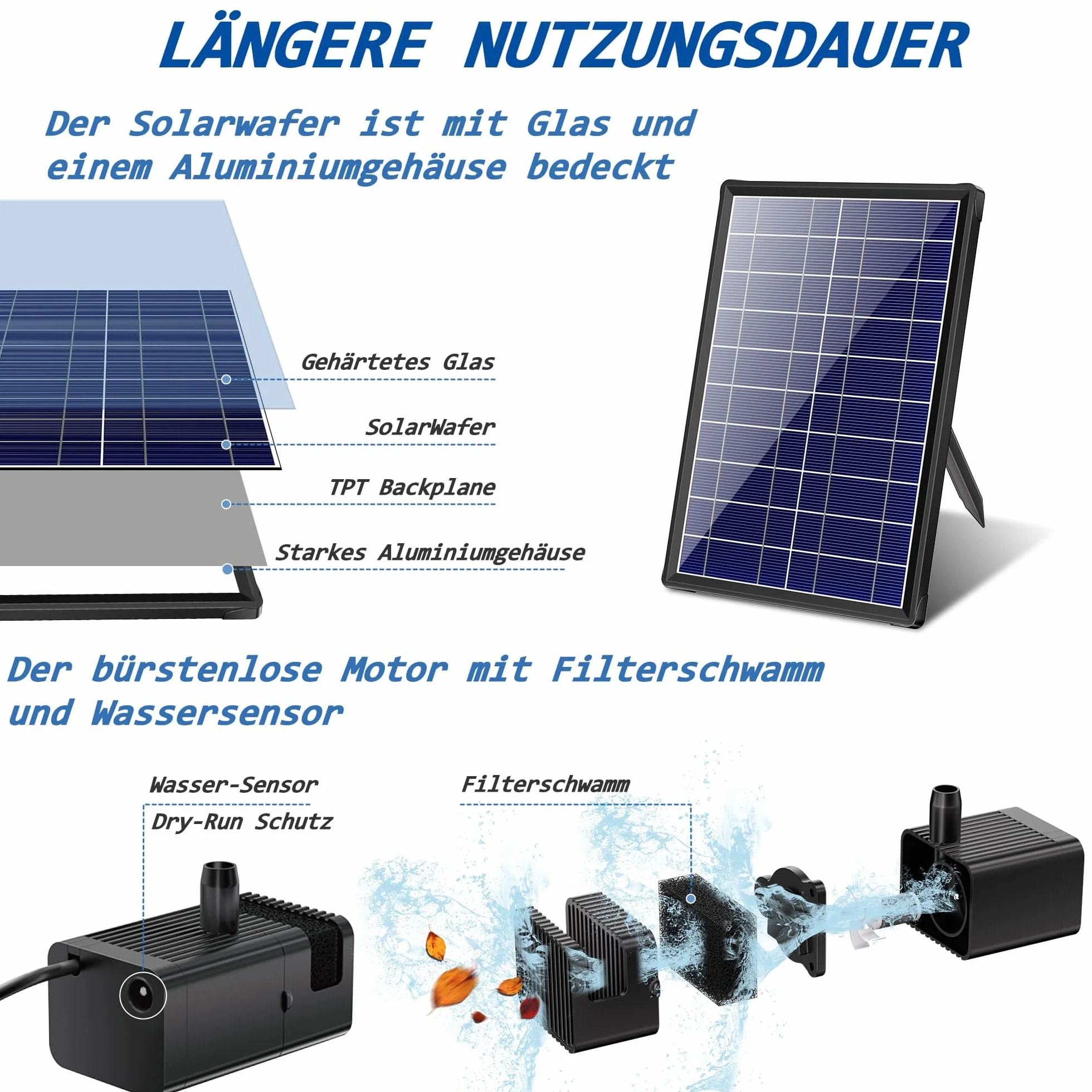 Biling pompa solarna do stawu 7,5 W z filtrem, 300 l/h z wężem 1,5 m, kabel 3 m, 10 dysz do samodzielnego wykonania stawu ogrodowego, zbiornika dla ptaków, fontanny solarnej, wody