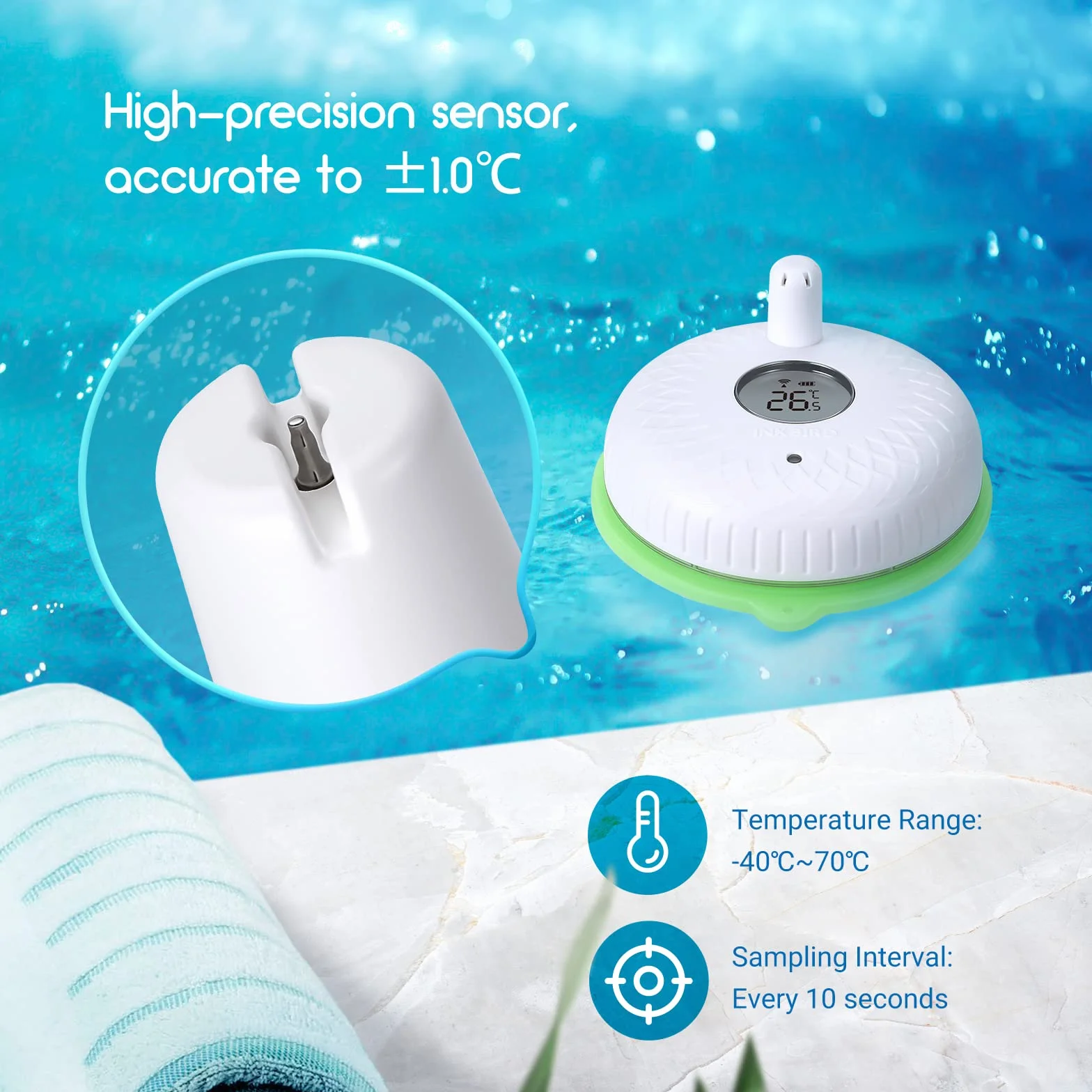 INKBIRD IBS-P02R Bezprzewodowy pływający termometr do basenu z monitorem temperatury i wilgotności, duży ekran do basenu, akwarium