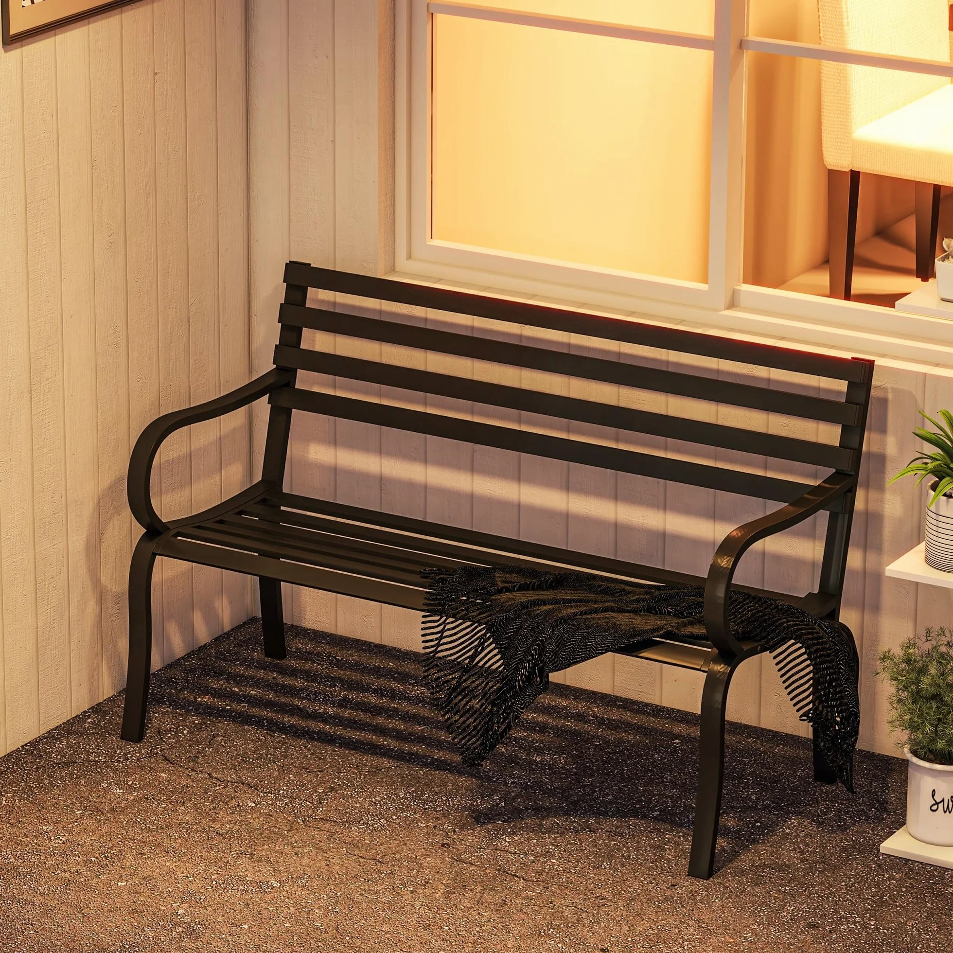 Outsunny® Ławka ogrodowa metalowa 2-osobowa czarna
