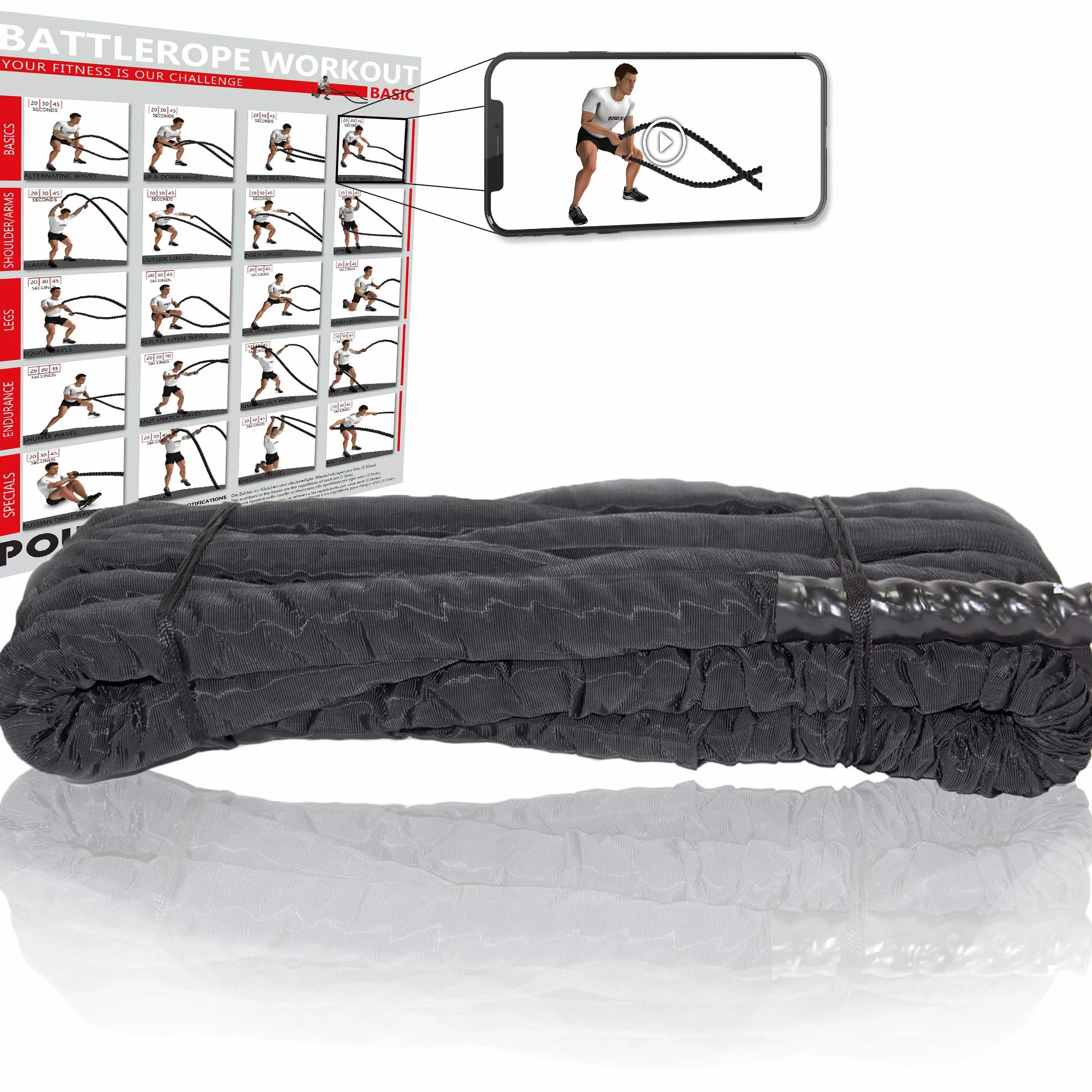 POWRX Battle Rope lina treningowa z powłoką, w zestawie trening I Ø 38 lub 50 mm I linka treningowa linka sportowa lina treningowa lina treningowa lina treningowa lina fitness I różne długości I uchwyt ścienny opcjonalnie