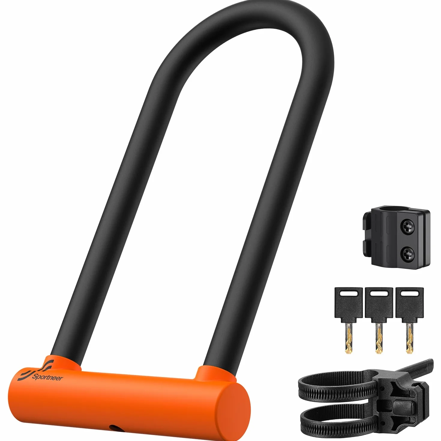 Sportneer Blokada rowerowa, 18 mm, wytrzymała blokada U, duży rozmiar, stalowy kabel o wysokim poziomie bezpieczeństwa 1,8 m, regulowany uchwyt montażowy, zabezpieczenie przed kradzieżą, bezpieczne