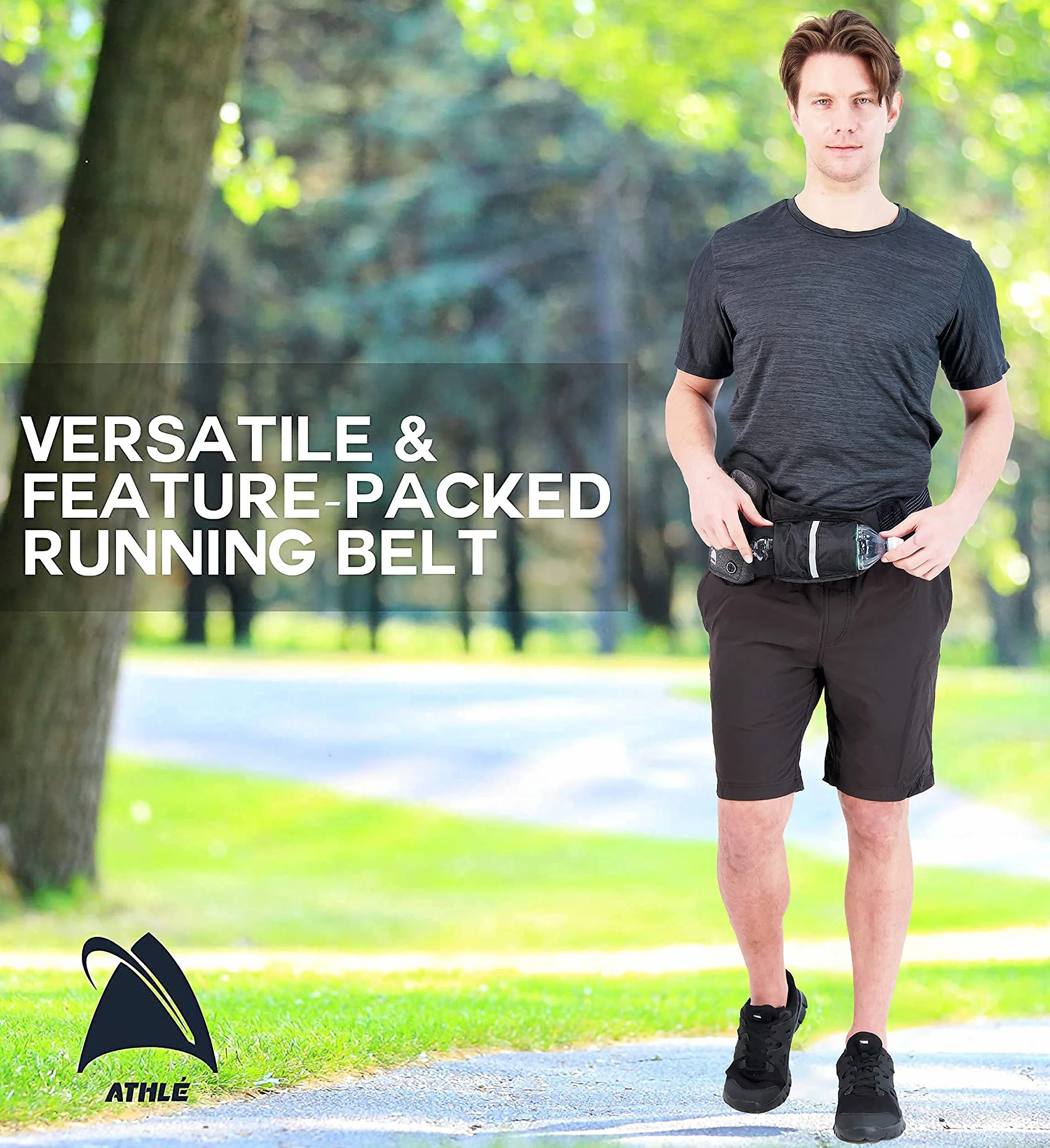 Running Belt Water Bottle Pouch Pozioma, duża kieszeń Fanny Pack Nadaje się do większości telefonów i portfeli, regulowany pasek w pasie jeden rozmiar, breloczek do kluczy, odblaskowy 360 czarny