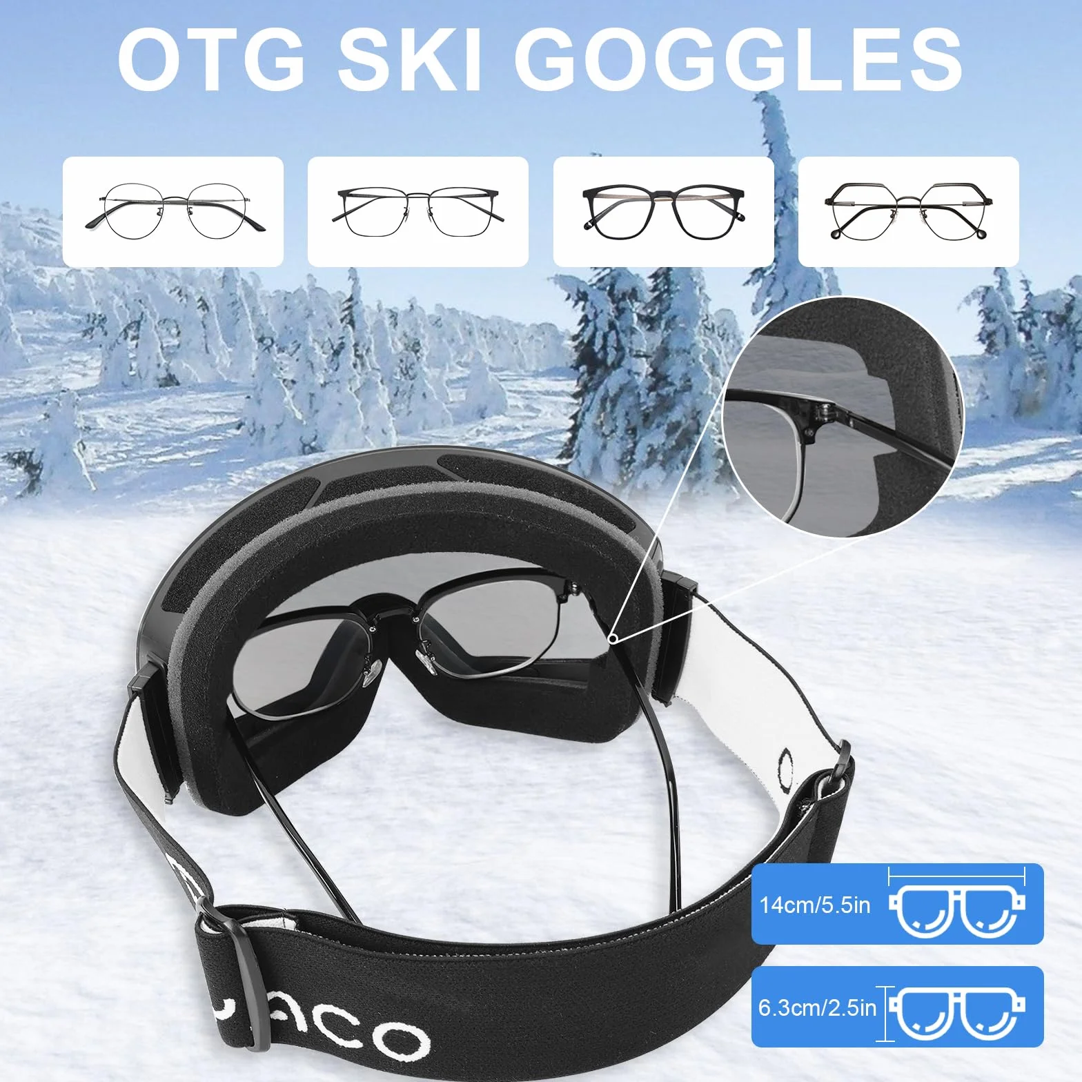 Ryaco Gogle narciarskie snowboardowe OTG przeciwmgielne UV sferyczne bezramowe