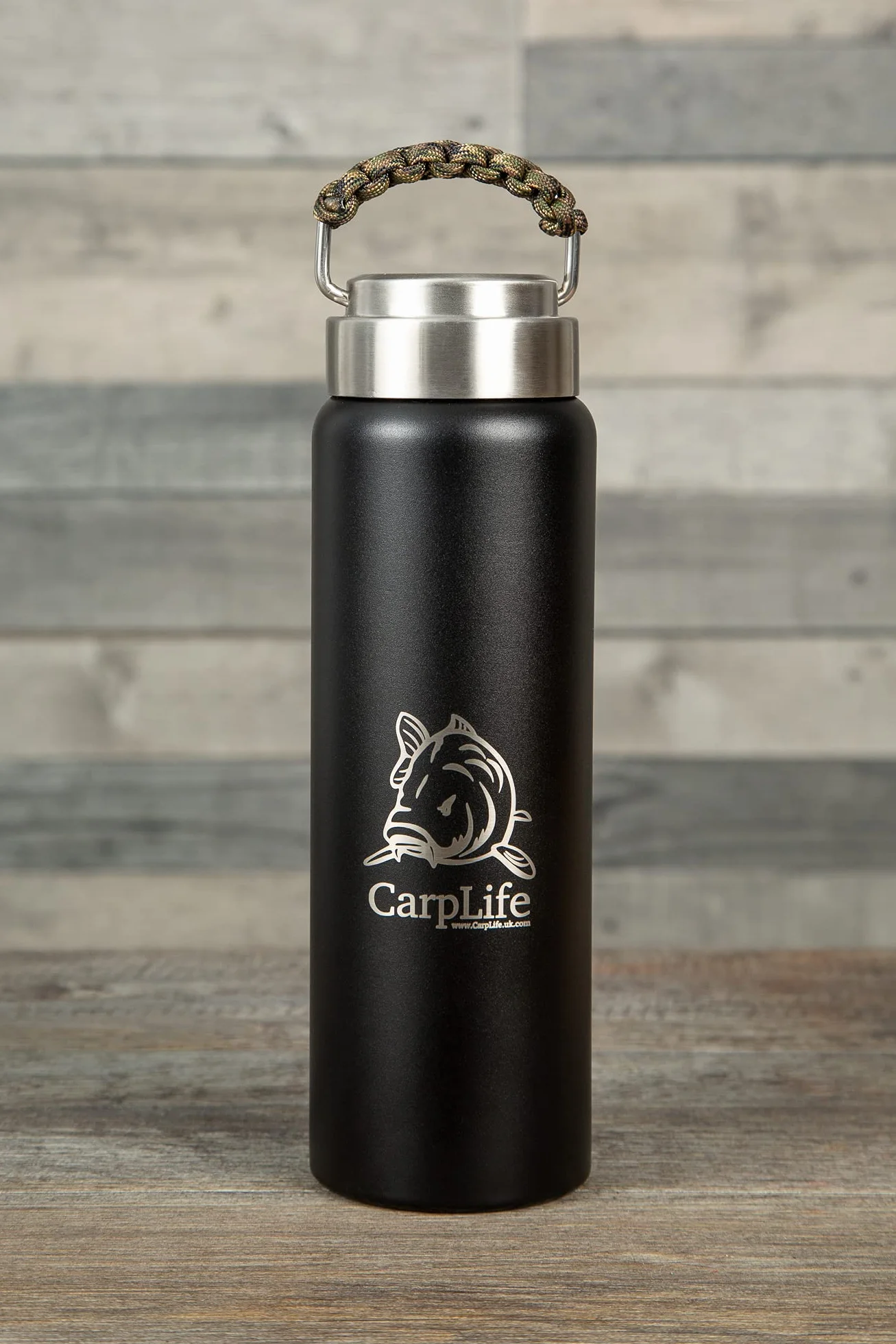 CarpLife termos 600 ml ze stali nierdzewnej podwójne ścianki uchwyt paracord kamuflaż