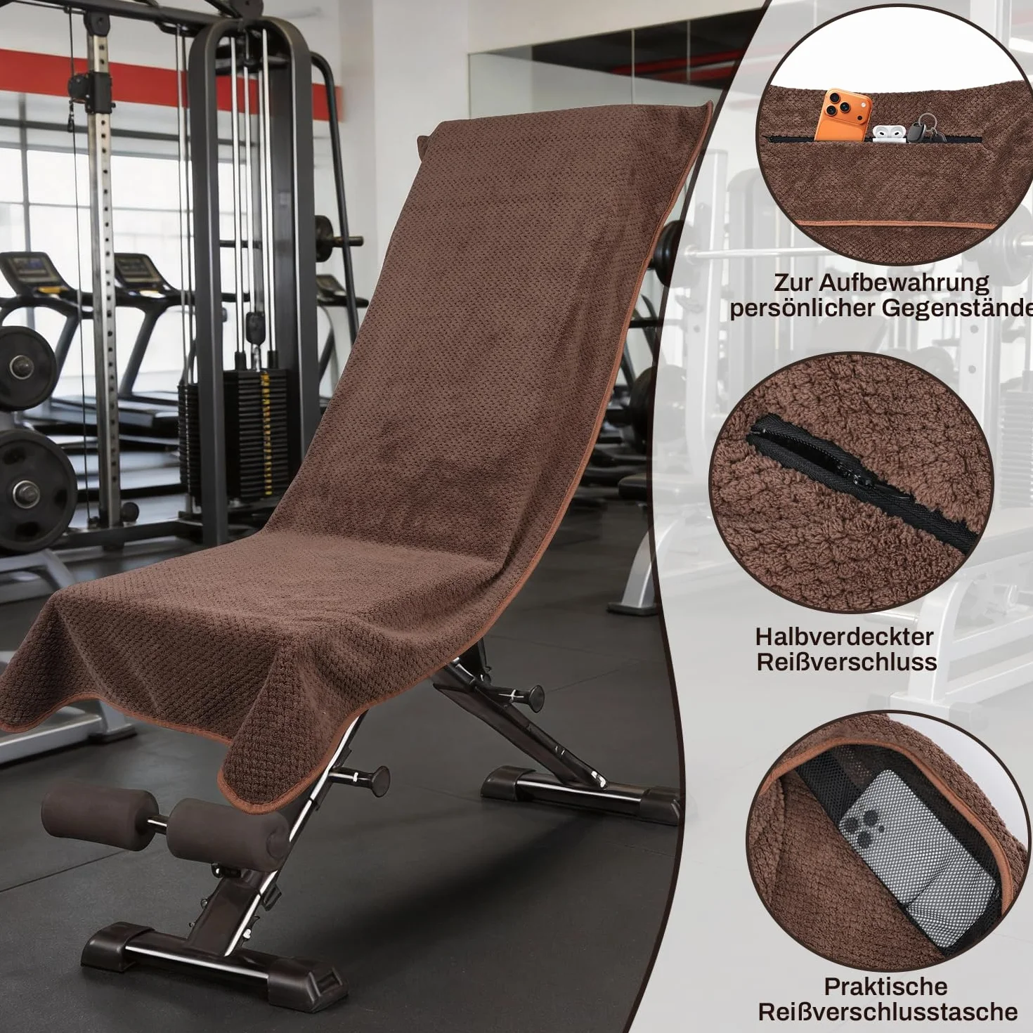 Ręcznik fitness z mikrofibry 120x50 cm z kieszenią na zamek błyskawiczny szybkoschnący sportowy