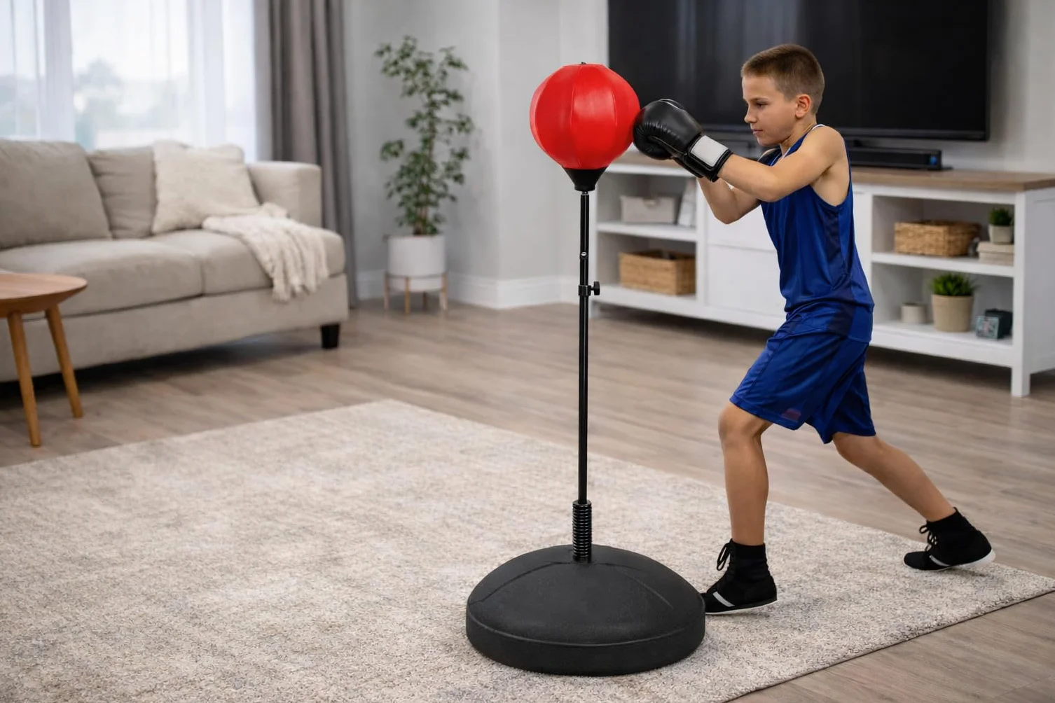 FFitness Punching Ball dla Młodzieży z Wypełnianą Podstawą i Regulowanym Drążkiem, Worek do Boksu Treningowego