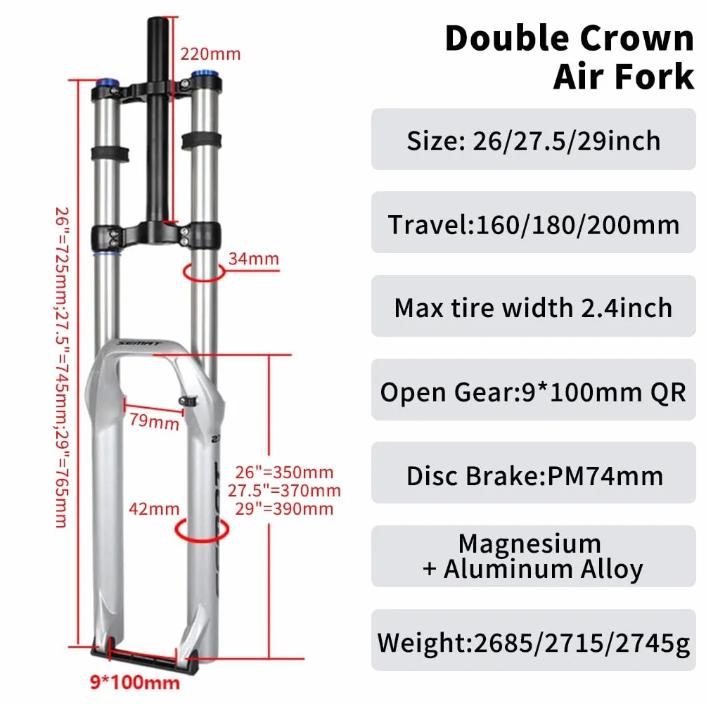 Widelec do roweru górskiego 26/27,5/29 cala 160/180/200 mm skok 1-1/8" prosty przedni amortyzator podwójna korona regulacja tłumienia 9x100 mm QR srebrny 200 mm