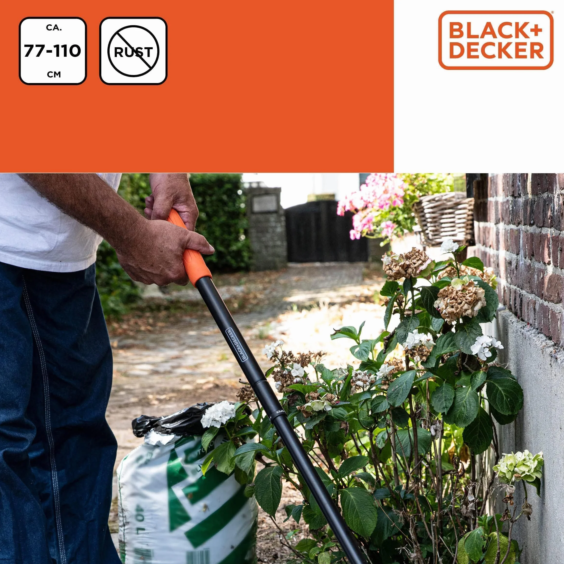 BLACK+DECKER Laubrechen BXGTTO7050 – regulacja od 77 do 110 cm – grabie – odporne na rdzę – czarne/pomarańczowe