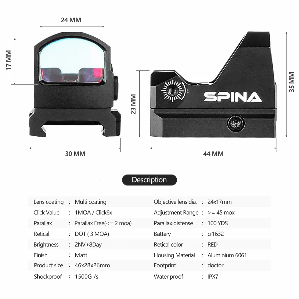 SPINA OPTICS Celownik kolimatorowy LH-24 Tactical 1x24x17 widok czerwona kropka red dot 3MOA luneta optyczna do Airsoft